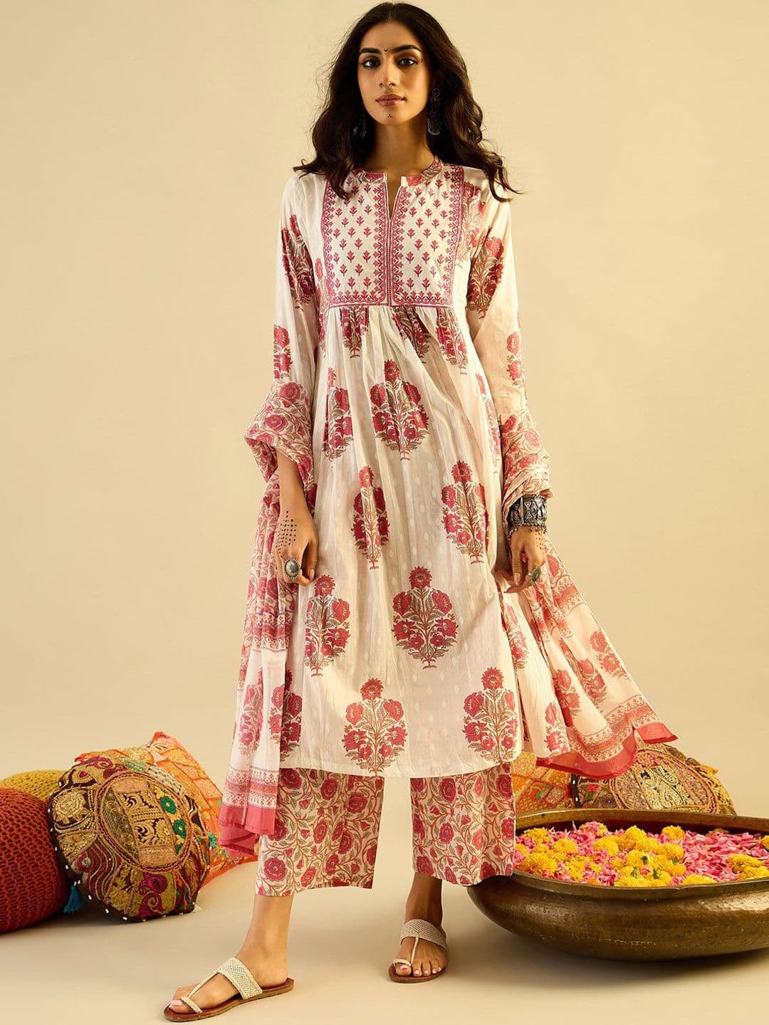 Indo Era Ethnic Motifs Embroidered Anarkali Pure Cotton Kurta with Palazzos & With Dupatta - view 1