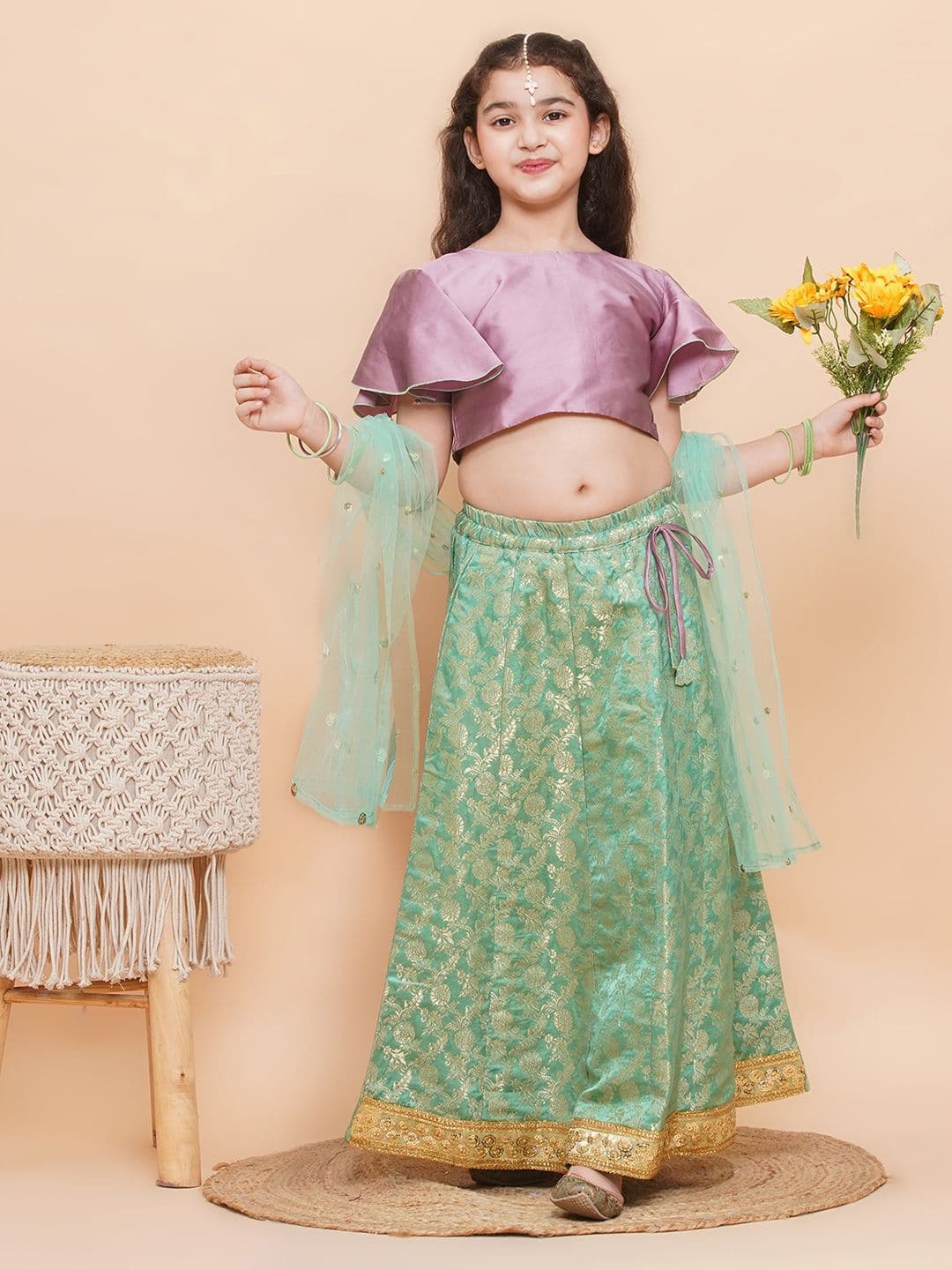 Aj DEZInES Girls Red Floral Woven Design Ready to Wear Lehenga & Blouse With Dupatta - view 1