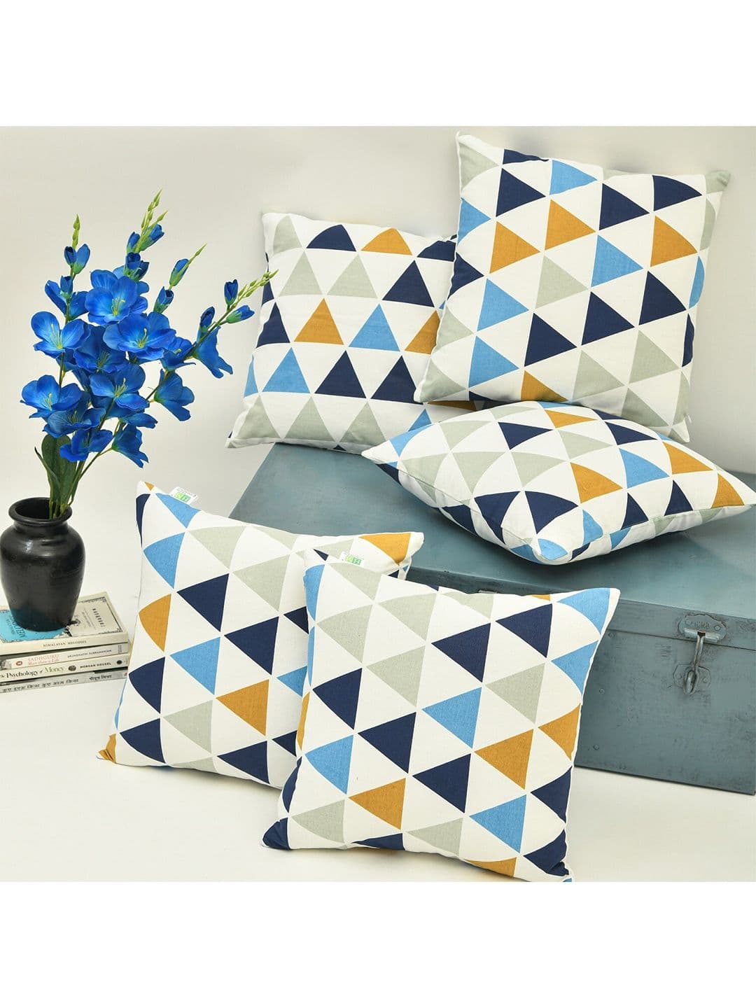 HOMEMONDE White Geometric Cotton Breathable 5 Square Cushion Covers -15.7x15.7In - view 1