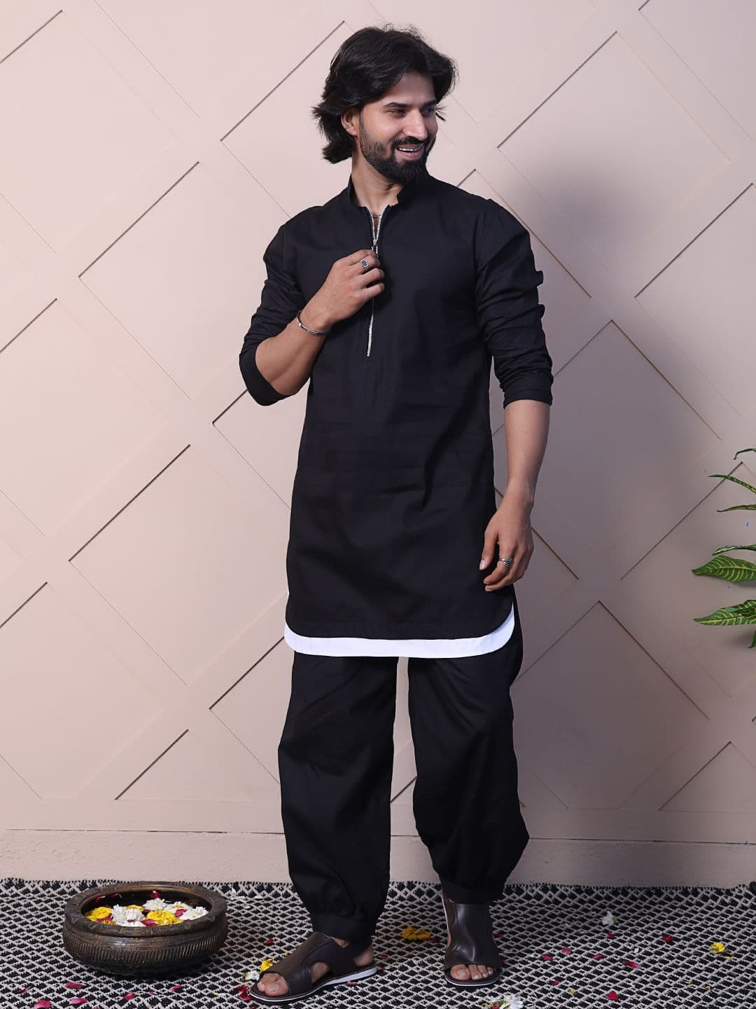 MIDAV Mandarin Collar Front Zipper Pure Cotton Pathani Kurta - view 1