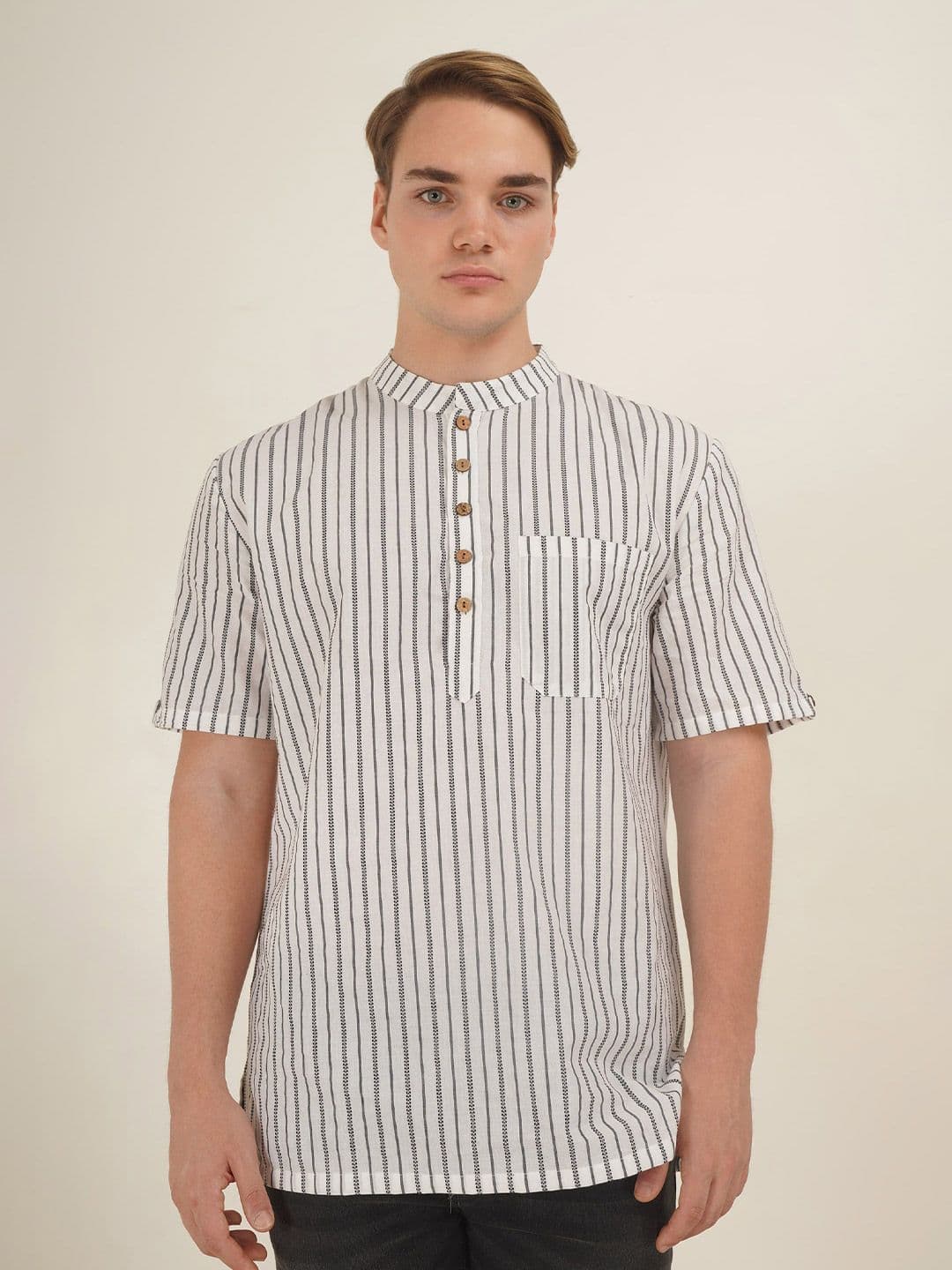 Cot'N Soft Striped Pure Cotton Mandarin Collar Short Kurta - view 1