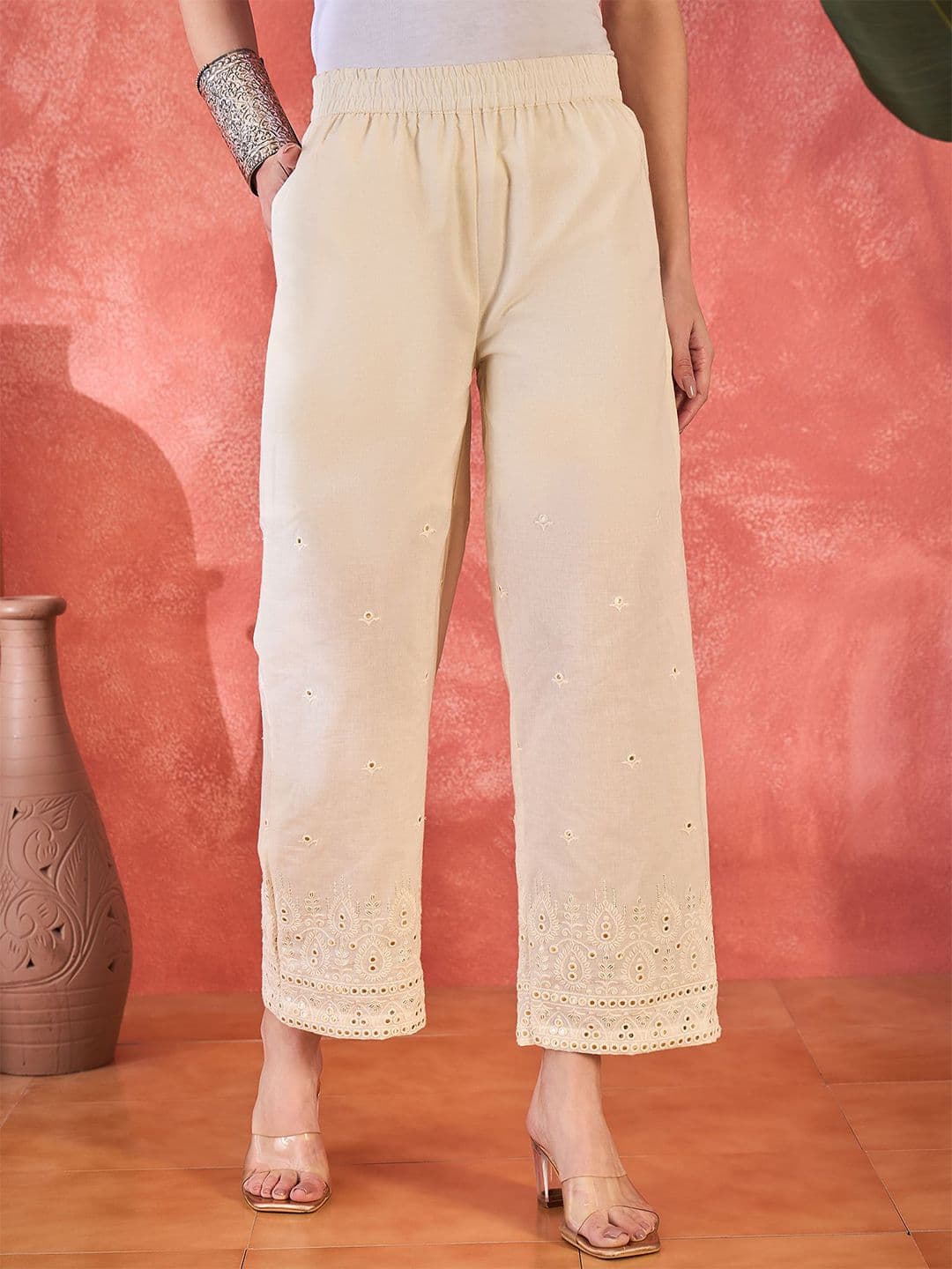 Sangria Women Mirror Embroidered Pure Cotton Mid Rise Palazzos - view 1