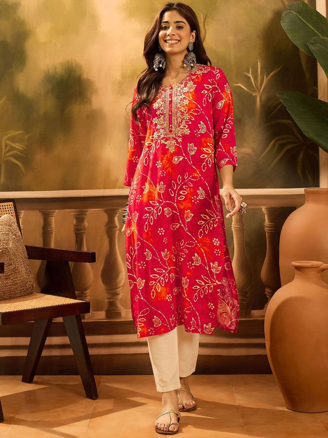 Sangria Floral Printed Round Neck Thread Work Straight Kurta - view 1