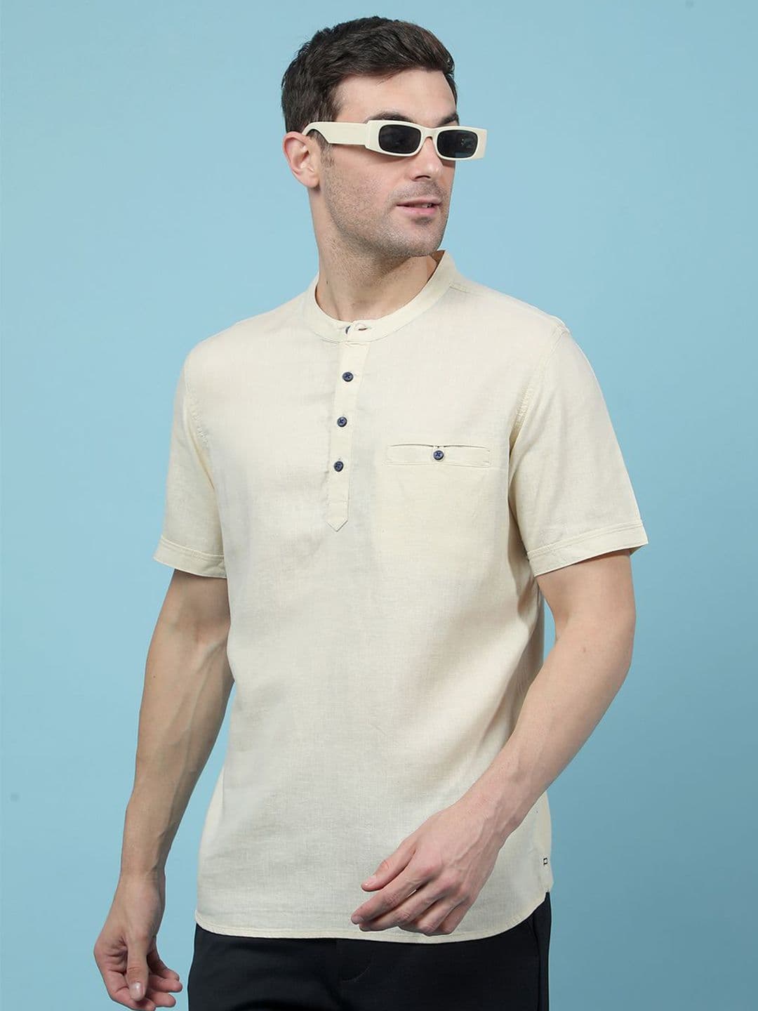Crimsoune Club Band Collar Short Sleeves Cotton Straight Kurta - view 1