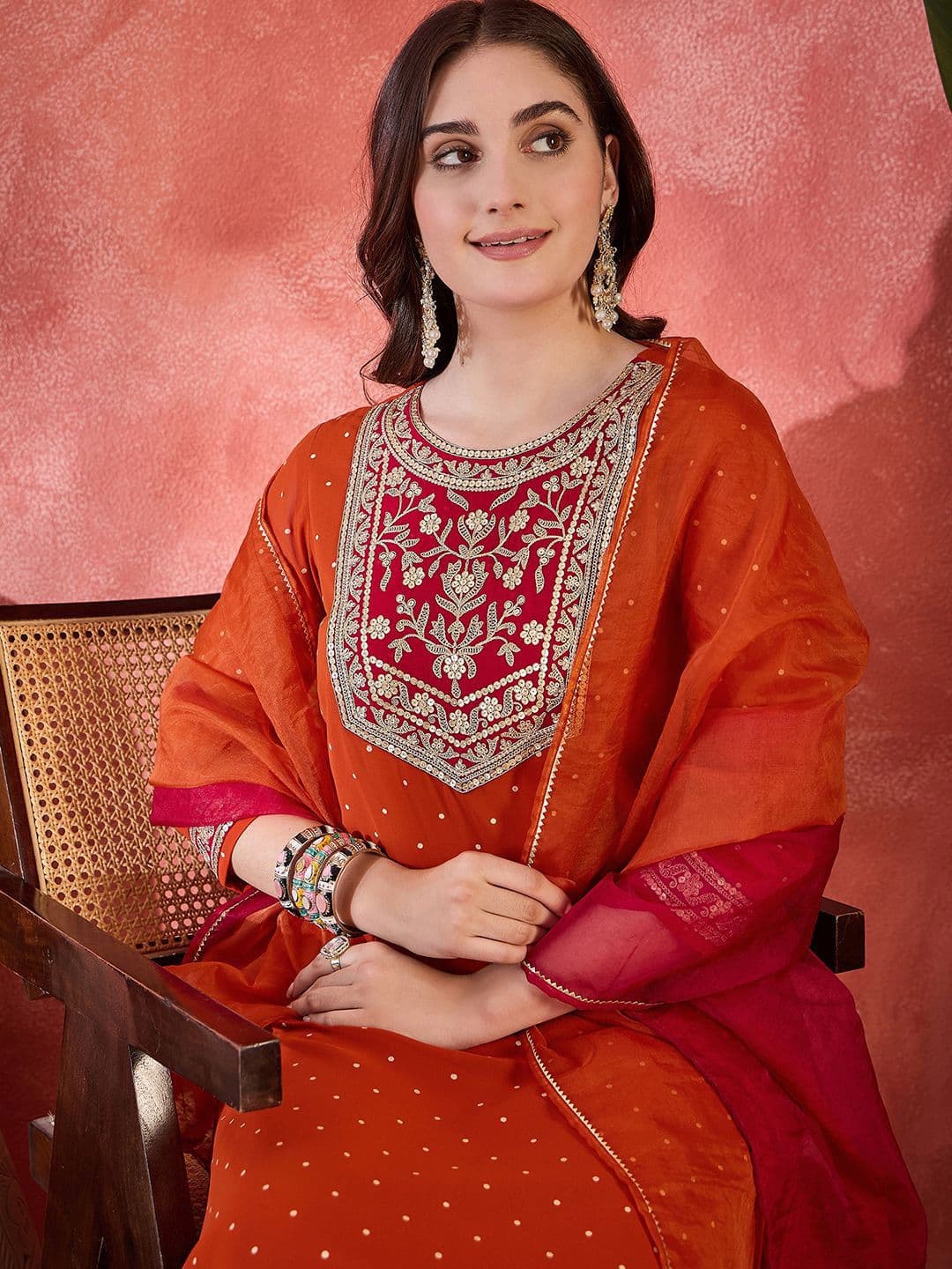 Sangria Polka Dots Printed V-Neck Thread Work Georgette Kurta With Trousers & Dupatta - view 1