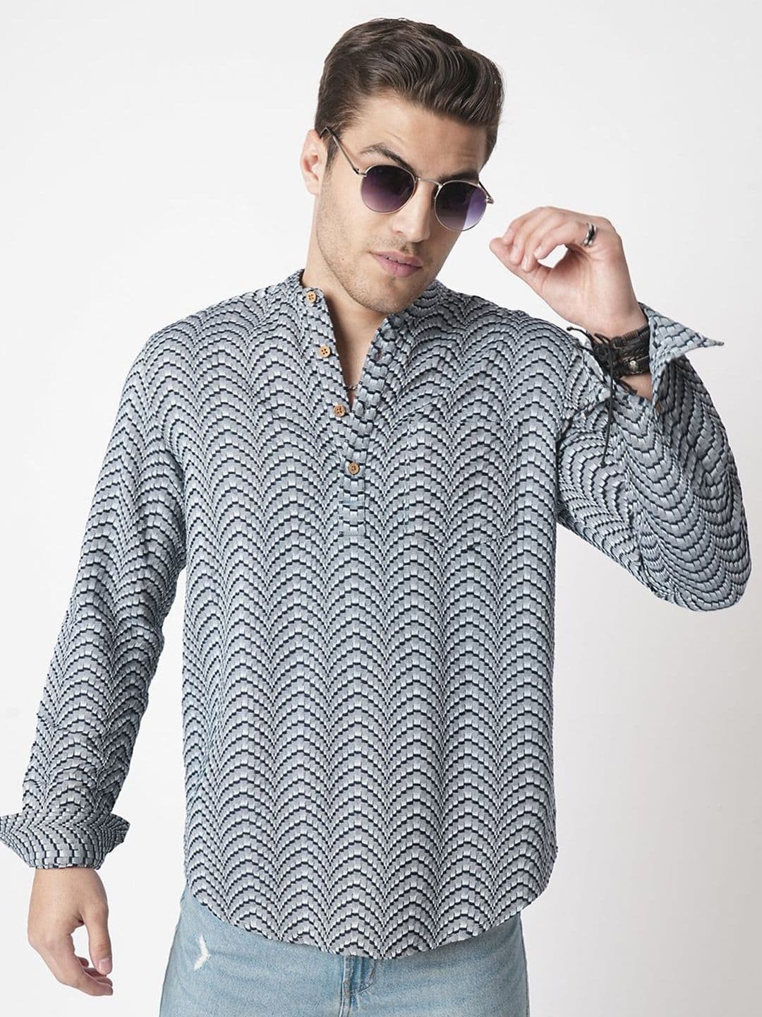 VASTRADO Thread Work Navy Abstract Woven Design Mandarin Collar Cotton Jacquard A-Line Short Kurta - view 1