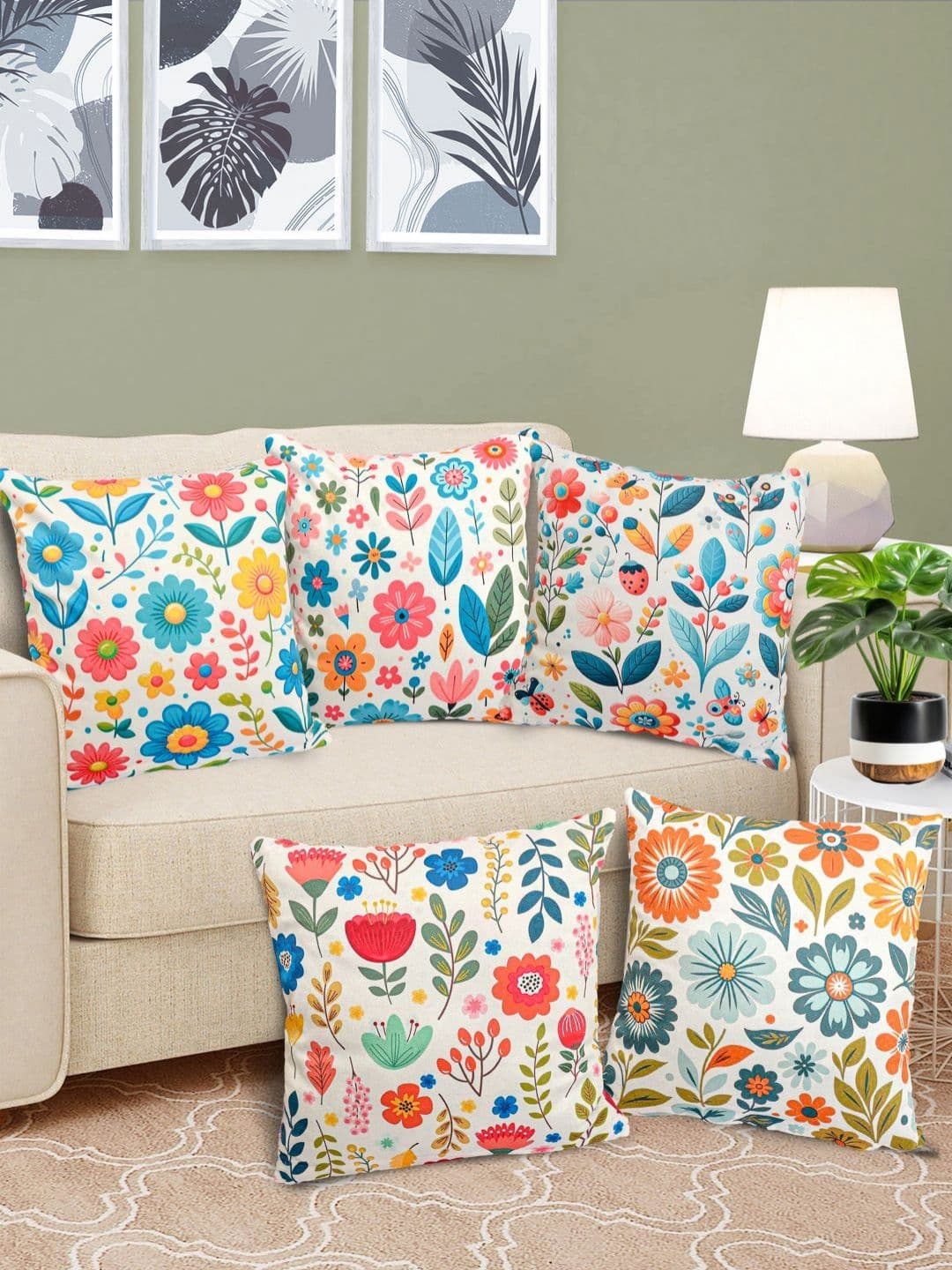FABINALIV 5 Pcs White Floral Reversible Velvet Digital Printed Cushion Covers - 40X40 cm - view 1