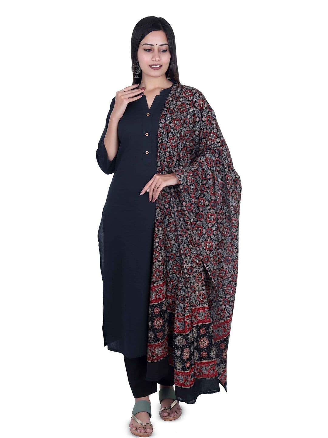 Fabmoha Geometric Block Print Ajrakh Printed Pure Cotton Dupatta - view 1
