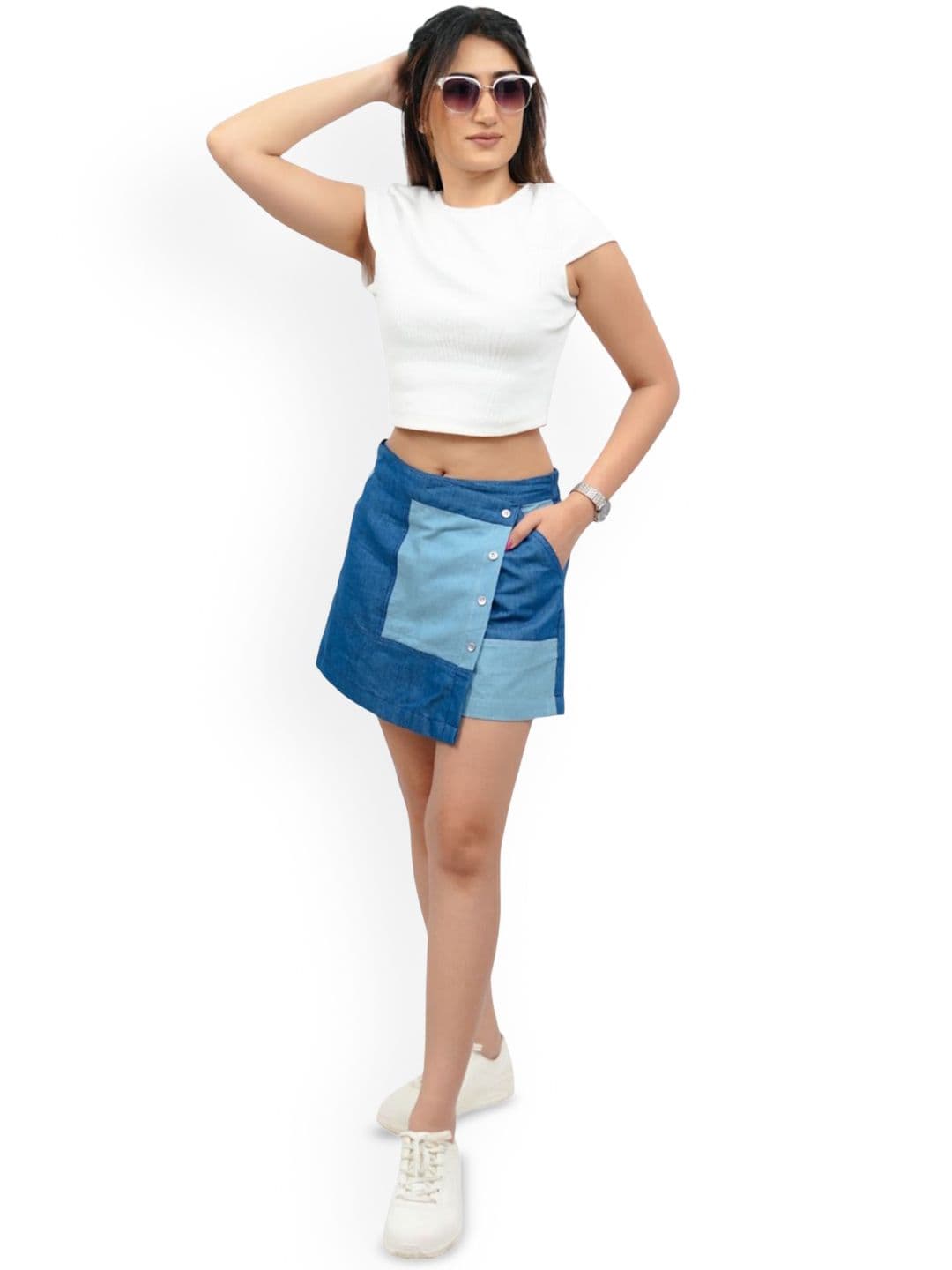 BELLO DONA CLOTHING Color-Blocked Denim Mini Skorts - view 1