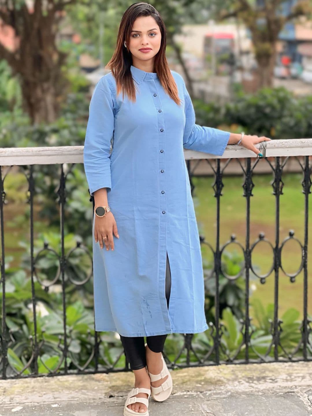 SK Creation Women Solid Shirt Collar Denim Straight Kurta - view 1