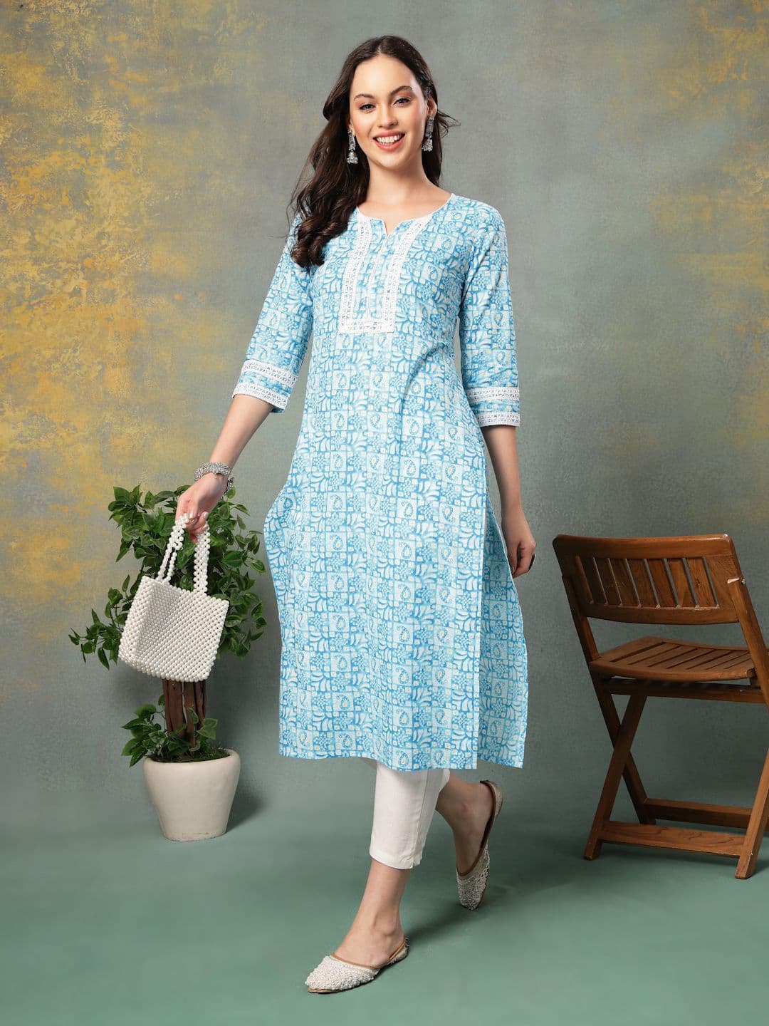God Bless Ethnic Motifs Printed Notch Neck Straight Pure Cotton Kurta - view 1