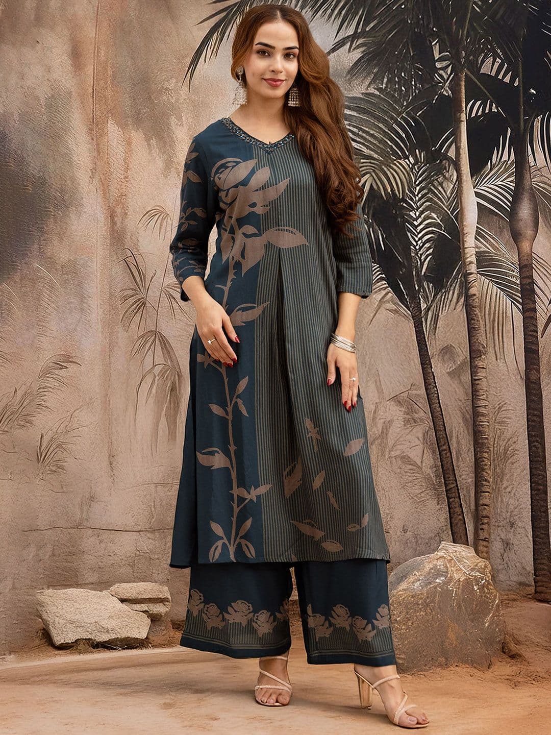 Sangria Floral Printed With Embroidered Kurta With Palazzos - view 1