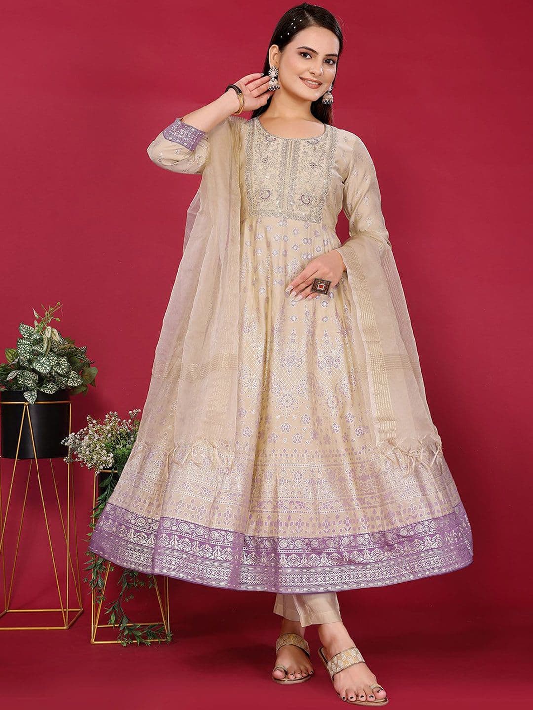 Rangita Women Ethnic Motifs Embroidered Regular Anarkali Kurta Trousers With Dupatta - view 1