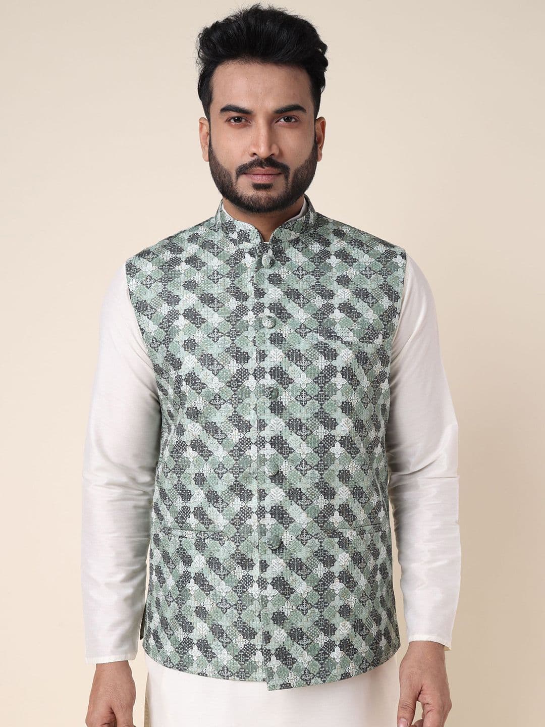 W & G Printed Woven Nehru Jacket - view 1