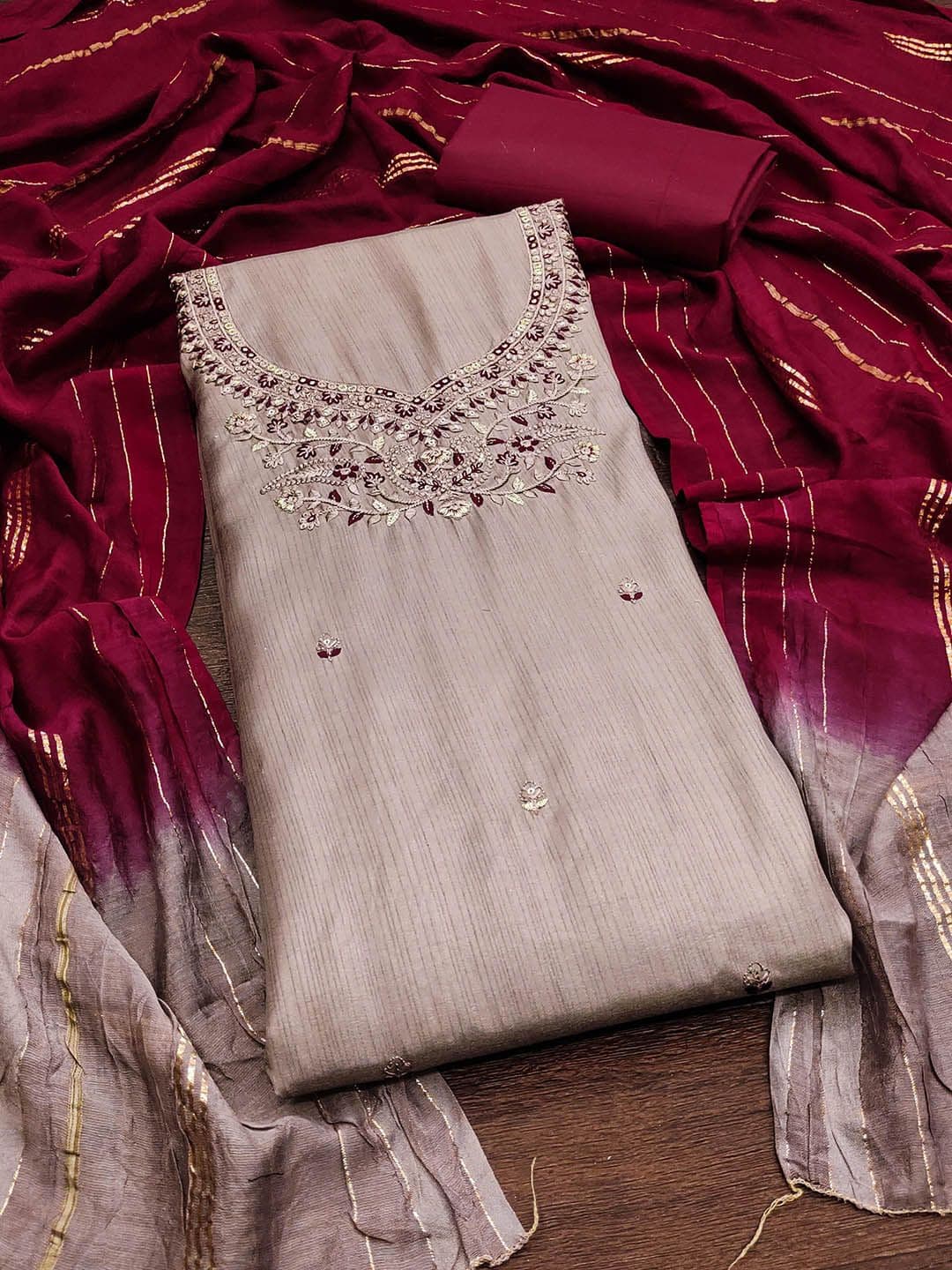 HERE&NOW Floral Embroidered Sequinned Coco Silk Unstitched Dress Material - view 1