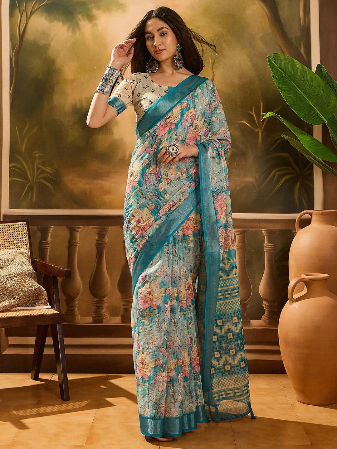Sangria Digital Printed Banarasi Saree With Blouse Piece - view 1