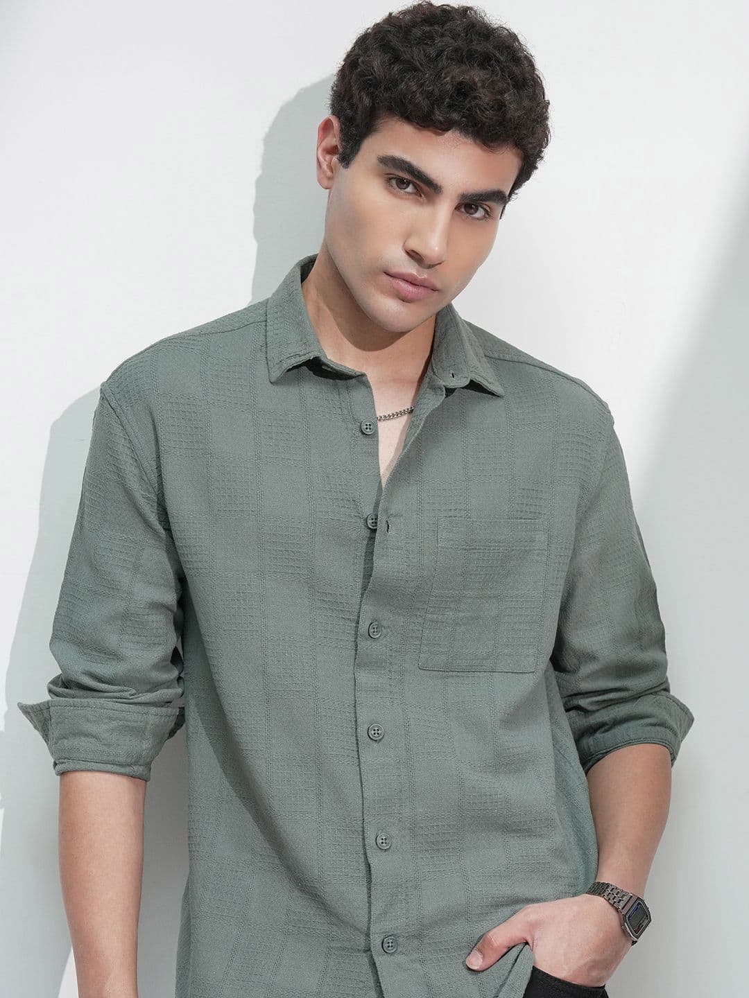 HIGHLANDER Men Comfort Relaxed Fit Textured Spread Collar Cotton Casual Shirt - view 1