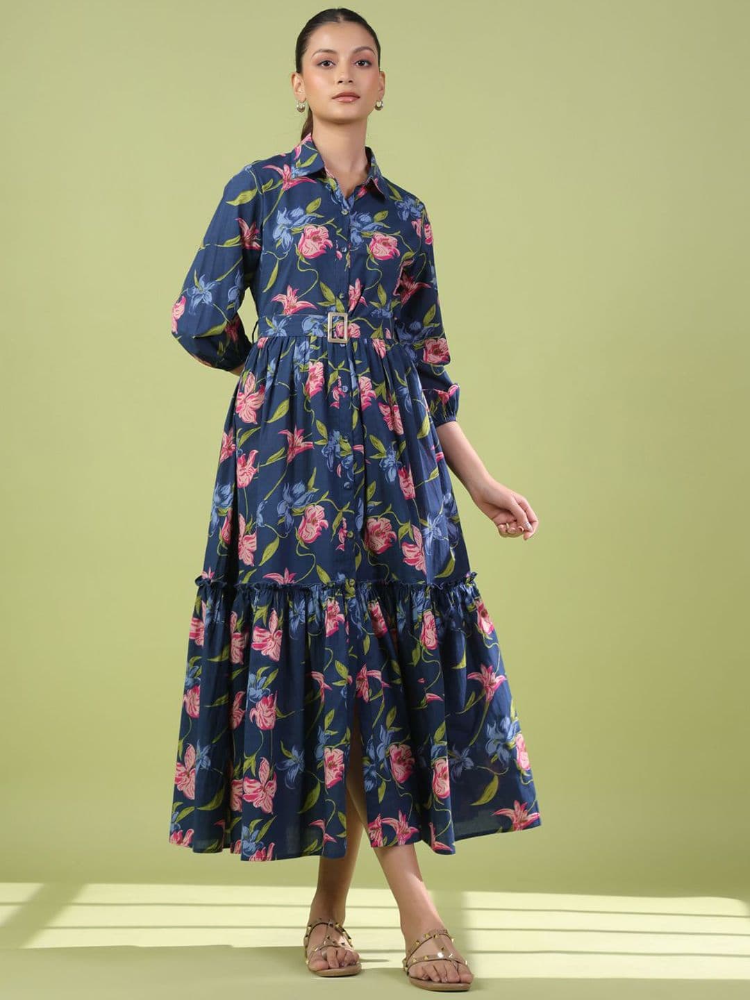 anayna Floral Printed Cotton Maxi Flared Ethnic Dress - view 1