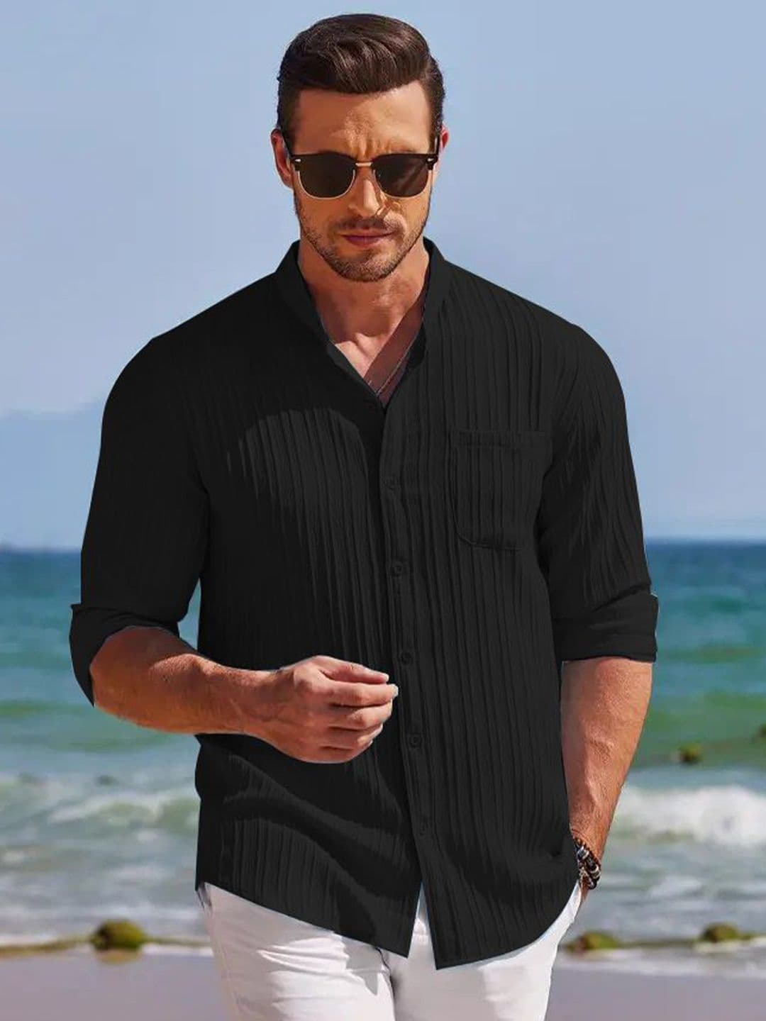 SZN Men Textured Mandarin Collar Cotton Casual Shirt - view 1