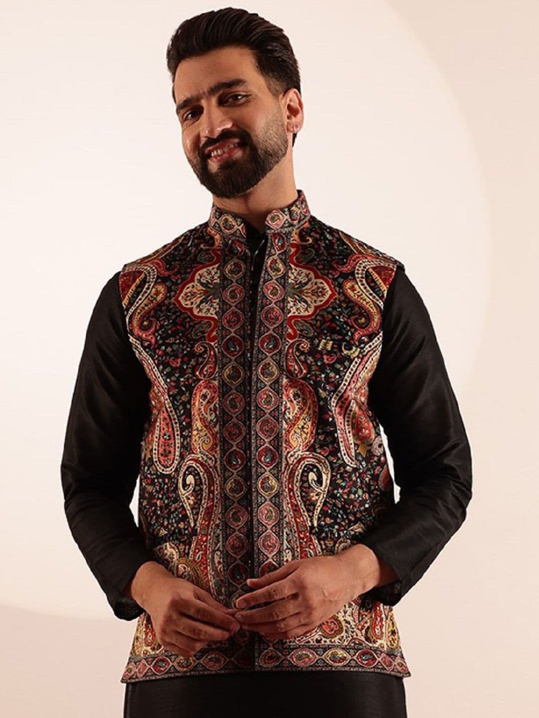 SOJANYA Velvet Printed Nehru Jacket - view 1