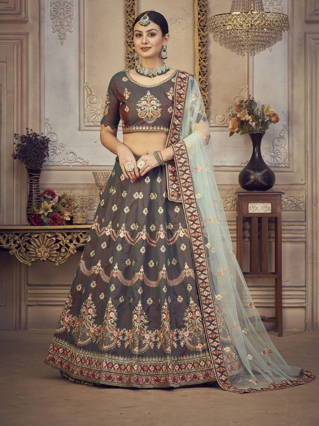 Warthy Ent Embroidered Thread Work Semi-Stitched Lehenga & Unstitched Blouse With Dupatta - view 1