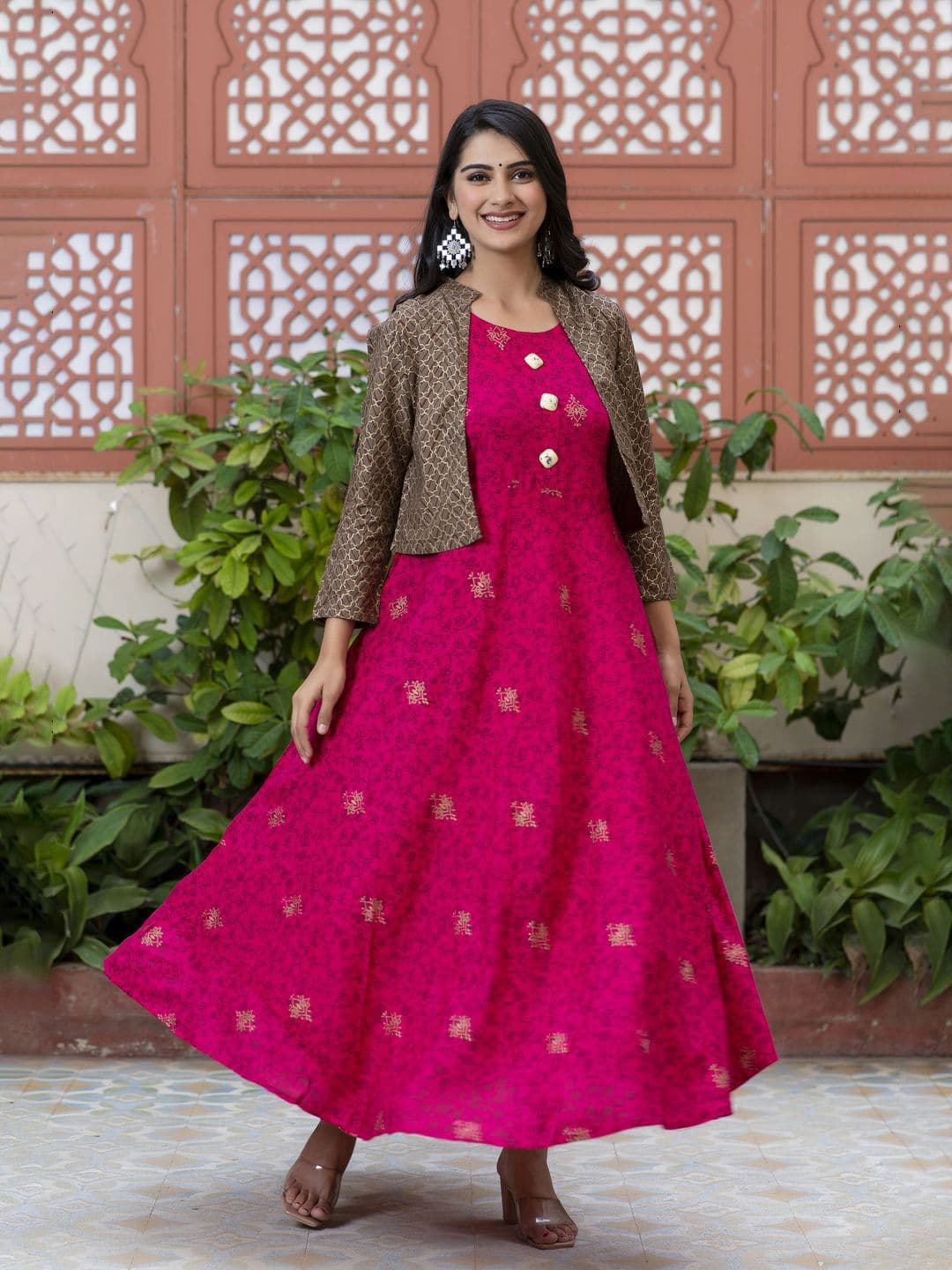 HERE&NOW Floral Printed Round Neck Anarkali Kurta With jacket - view 1