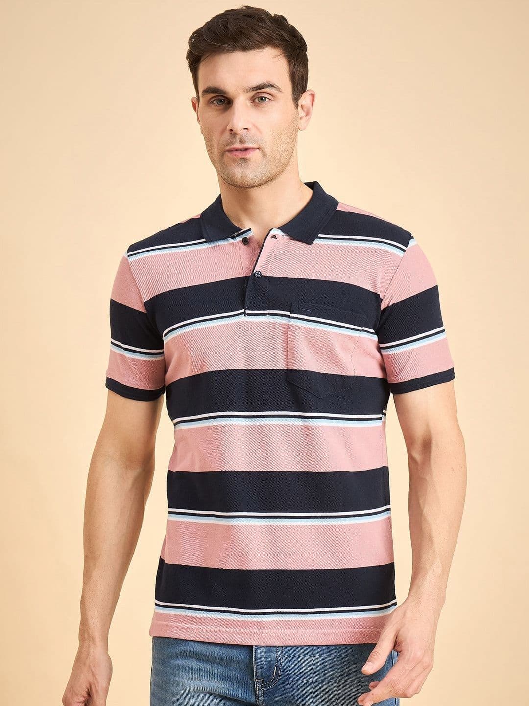 Duke Variegated Striped Polo Collar Cotton T-shirt - view 1