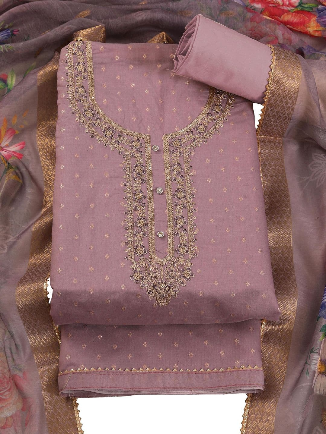 TAVAS Floral Embroidered Zari Work Chanderi Silk Unstitched Dress Material - view 1