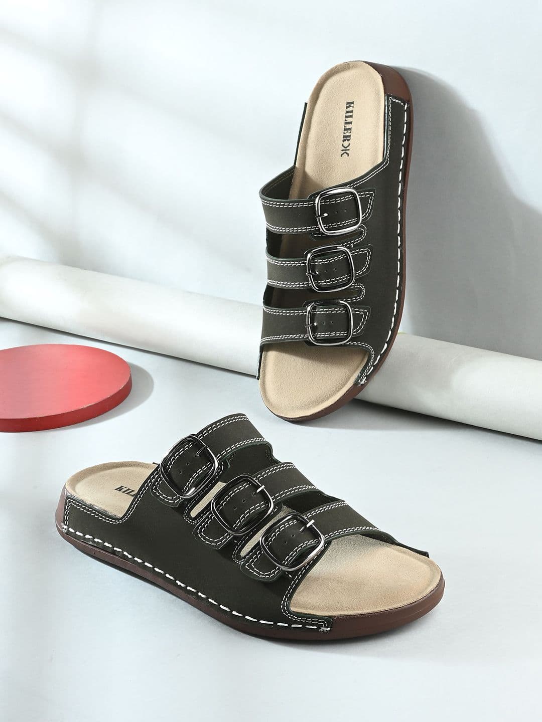 Killer Men Black Leather Comfort Sandals With Buckle - view 1