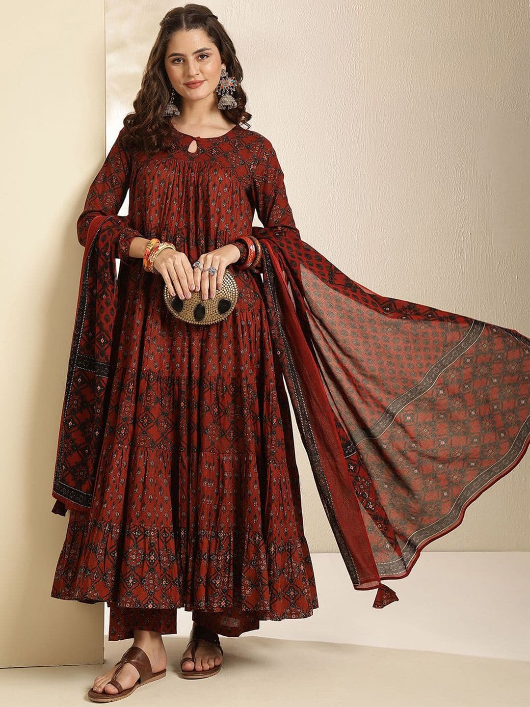 GULMOHAR JAIPUR Floral Printed Pure Cotton Anarkali Kurta With Palazzos & Dupatta Set - view 1