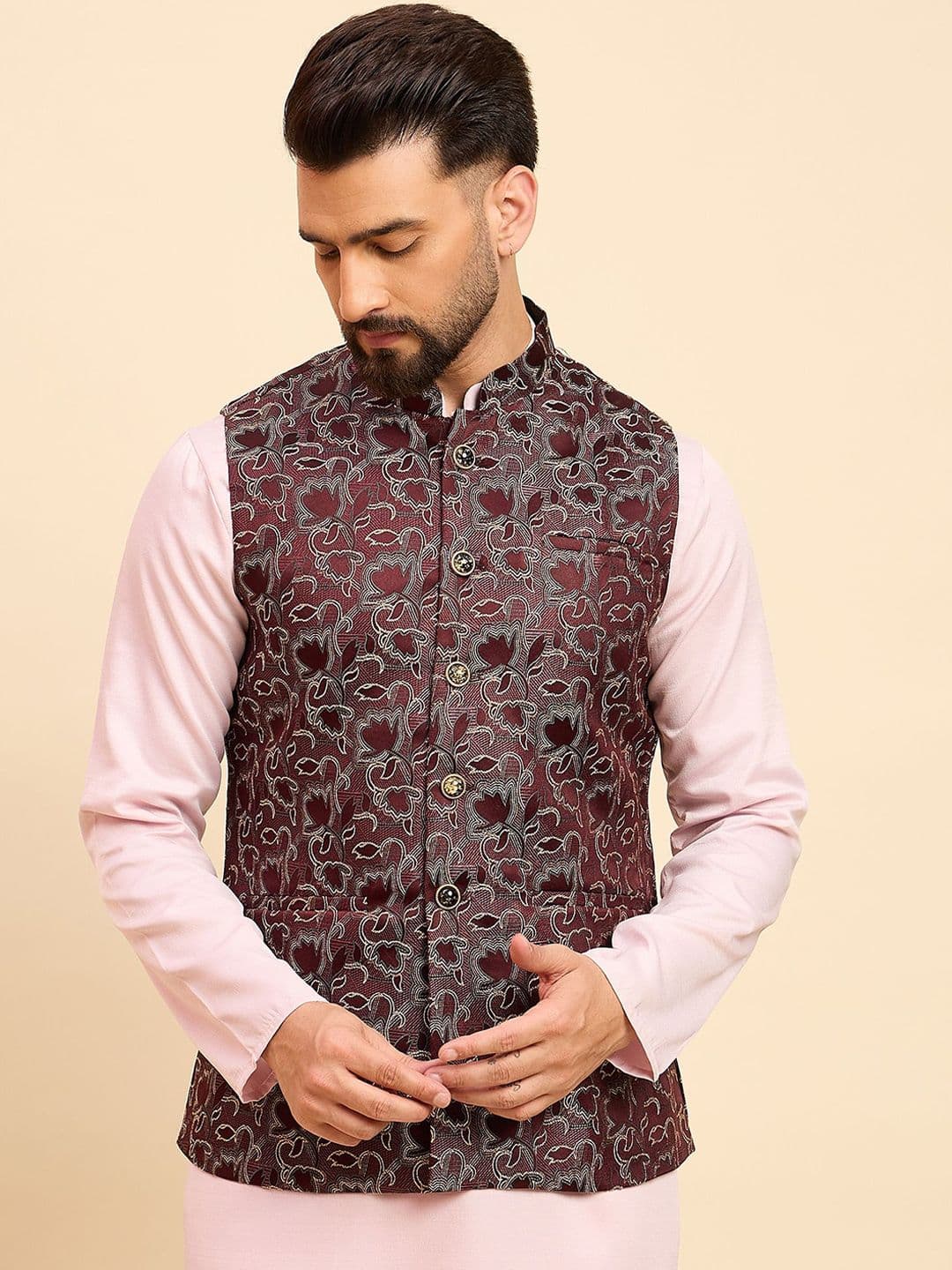 House of Pataudi Woven Design Mandarin Collar Nehru Jacket - view 1