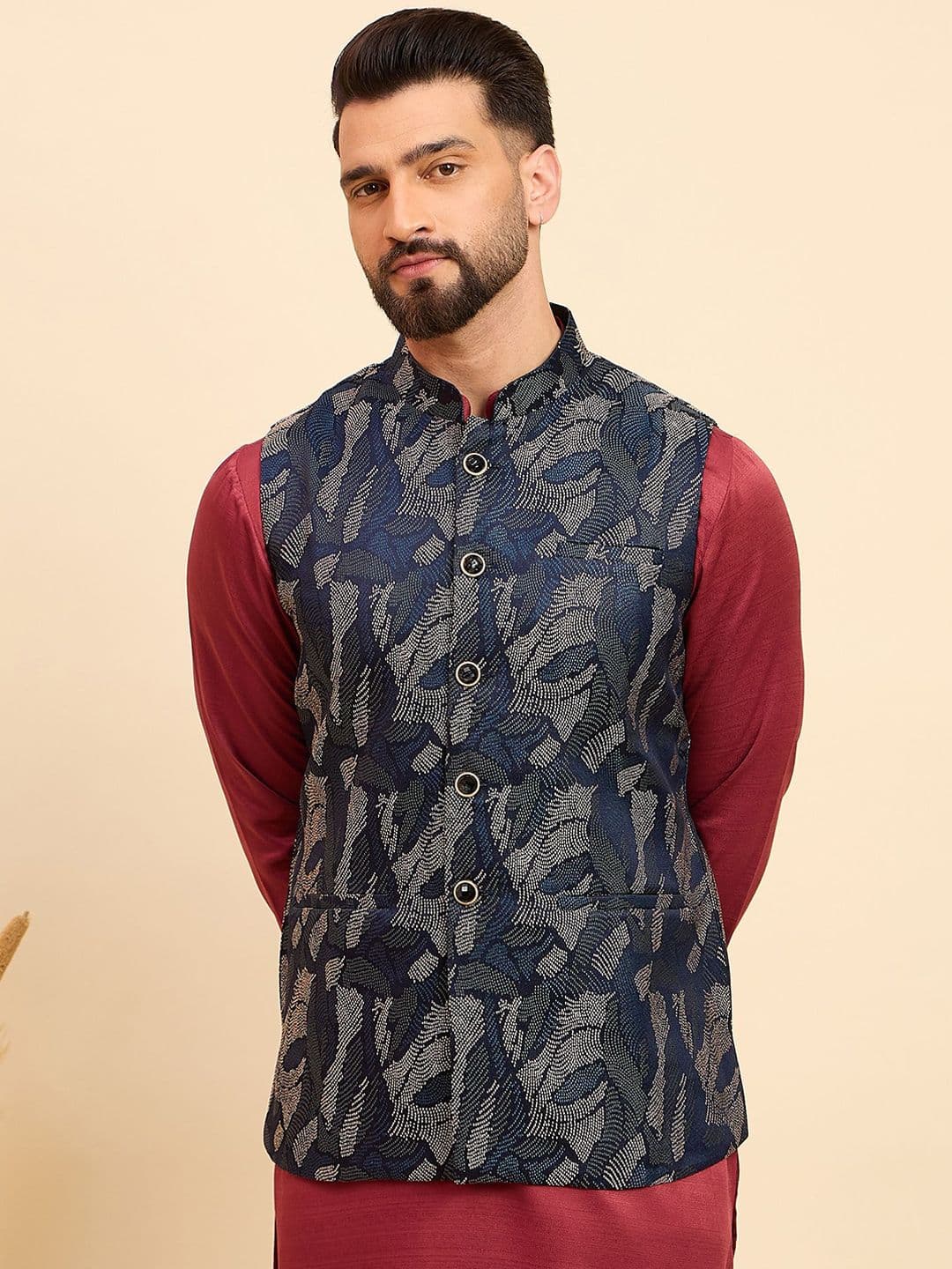 House of Pataudi Woven Design Mandarin Collar Nehru Jacket - view 1