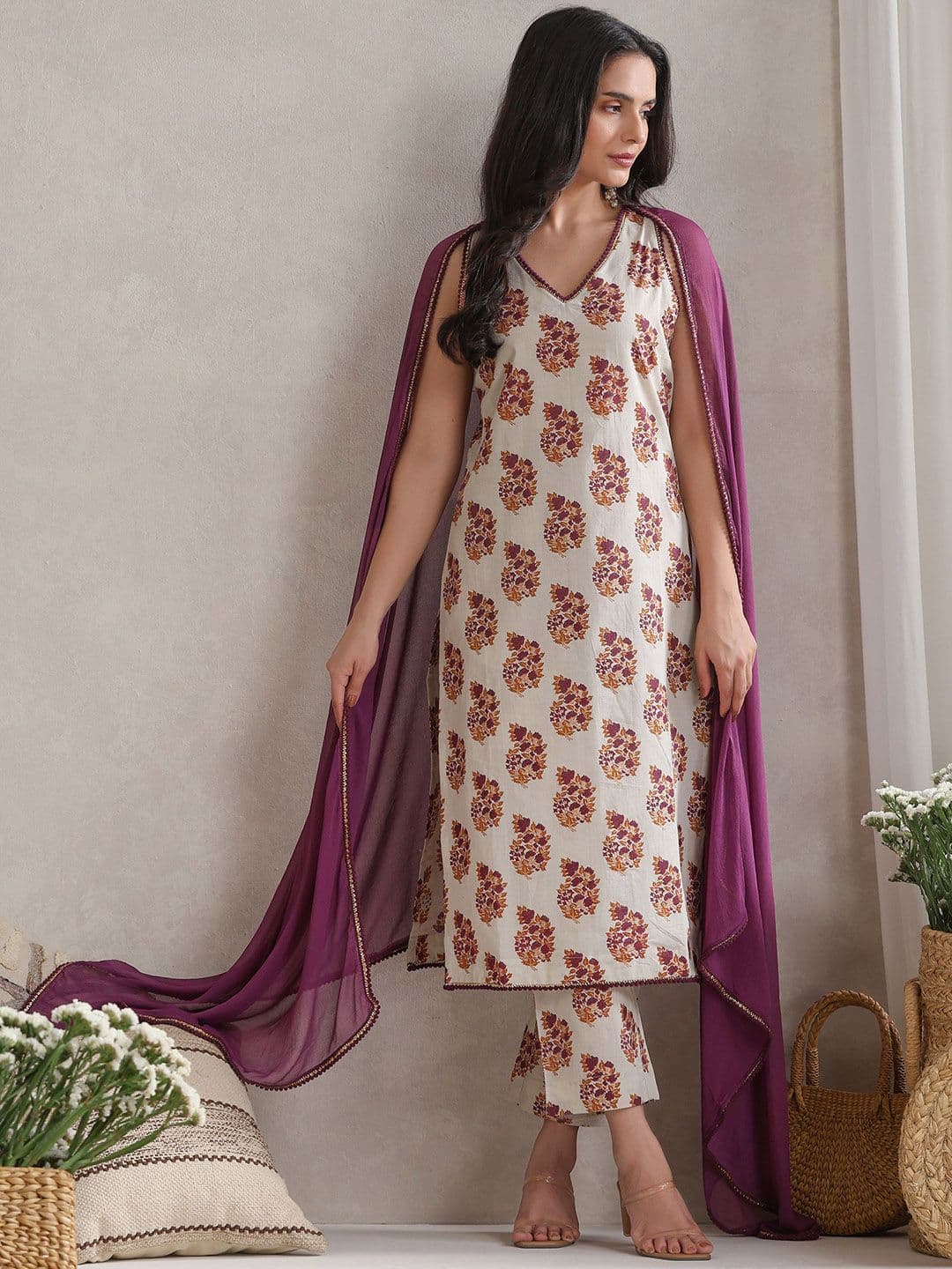 Khushal K Women Floral Printed Regular Pure Cotton Kurta with Palazzos & With Dupatta - view 1