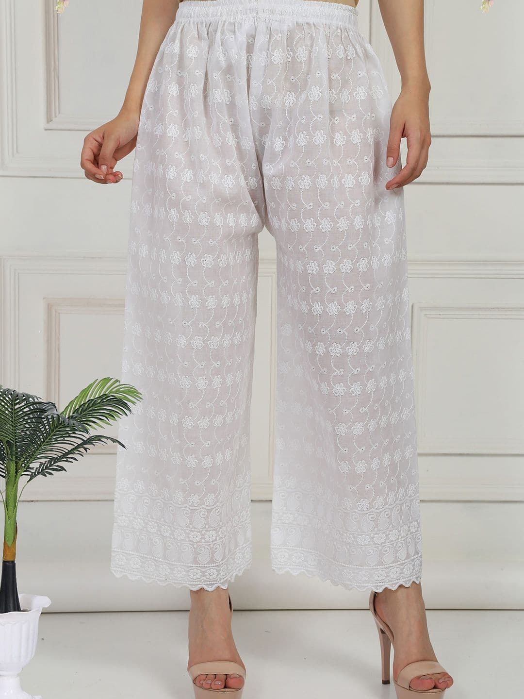 Fashionable Women Floral Self Design Knitted Cotton Palazzos - view 1