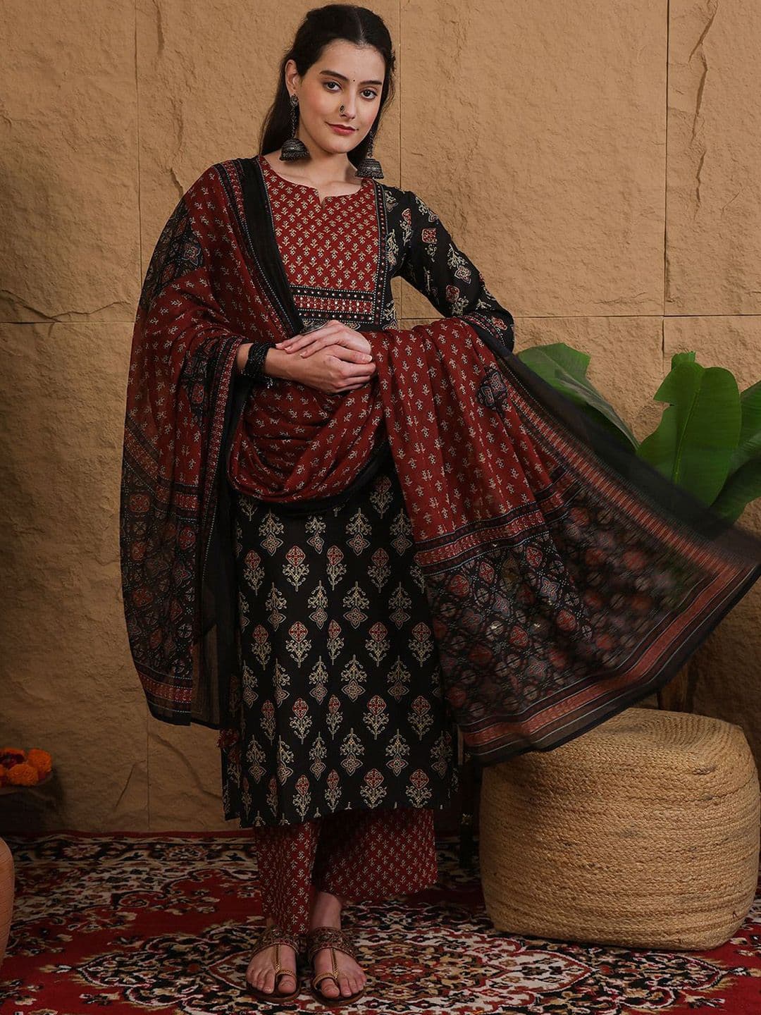 GULMOHAR JAIPUR Ethnic Motifs Printed Notch Neck Pure Cotton Kurta With Palazzos & Dupatta Set - view 1