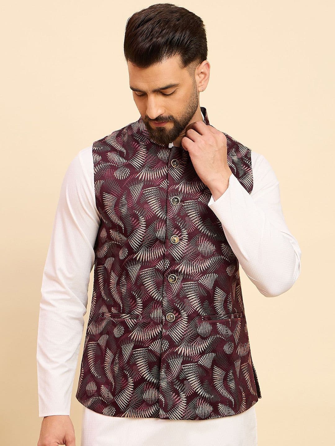House of Pataudi Woven Design Mandarin Collar Nehru Jacket - view 1
