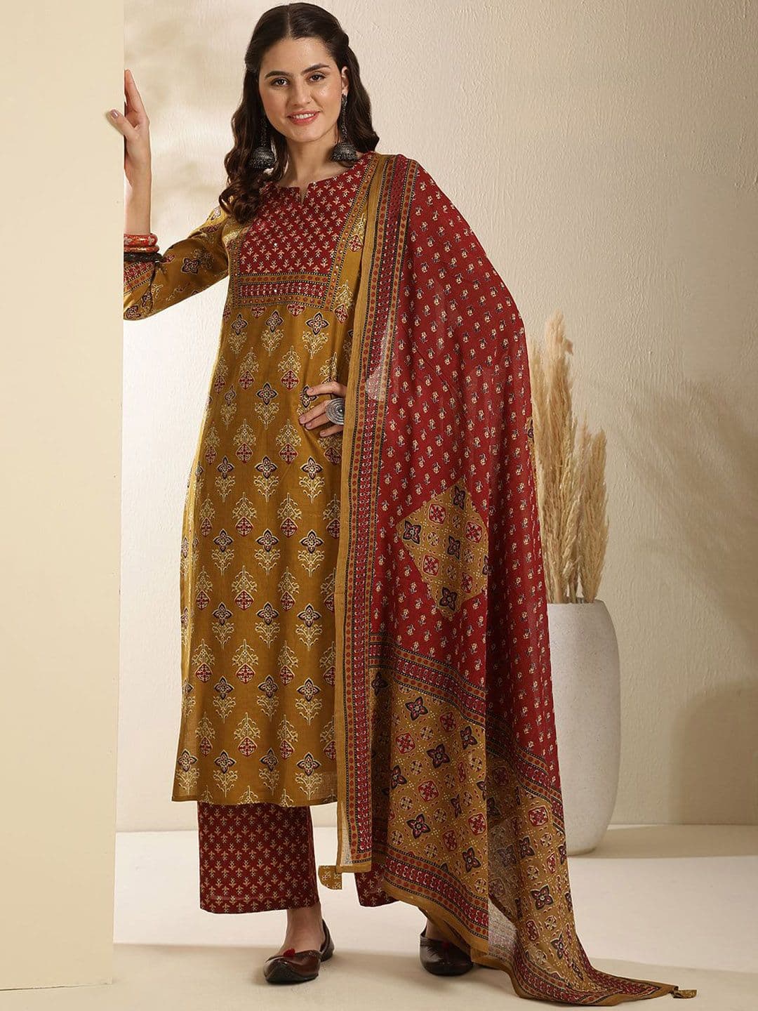 GULMOHAR JAIPUR Ethnic Motifs Printed Pure Cotton Straight Kurta with Palazzo & Dupatta Set - view 1