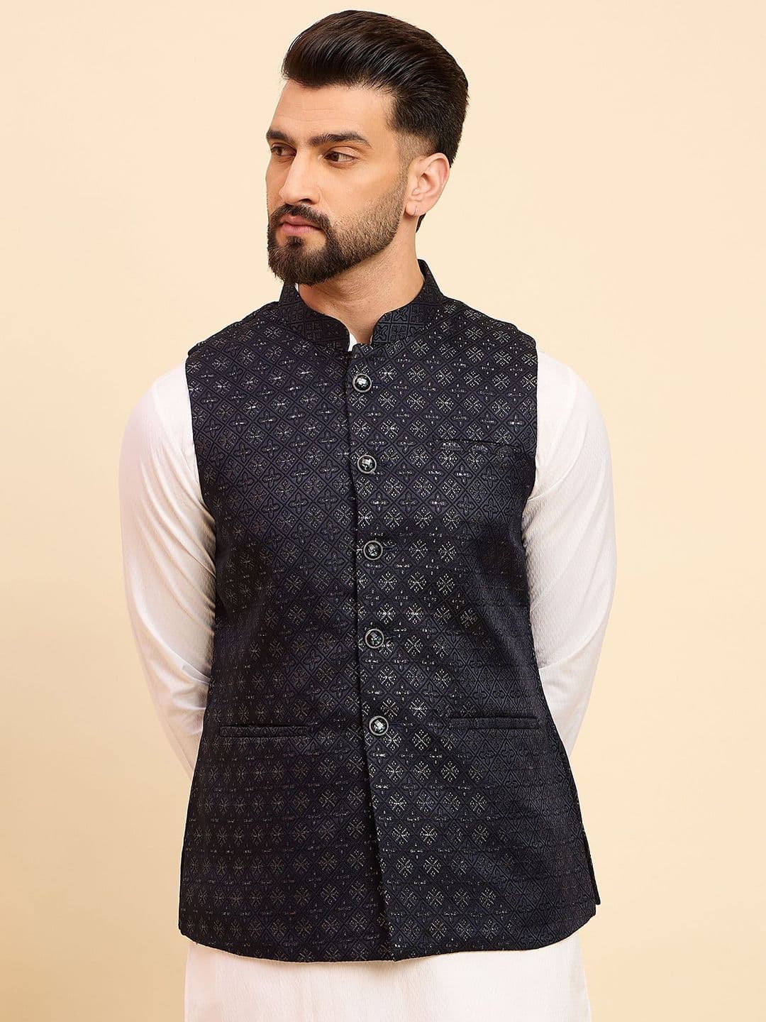 House of Pataudi Men Woven Design Mandarin Collar Nehru Jacket - view 1