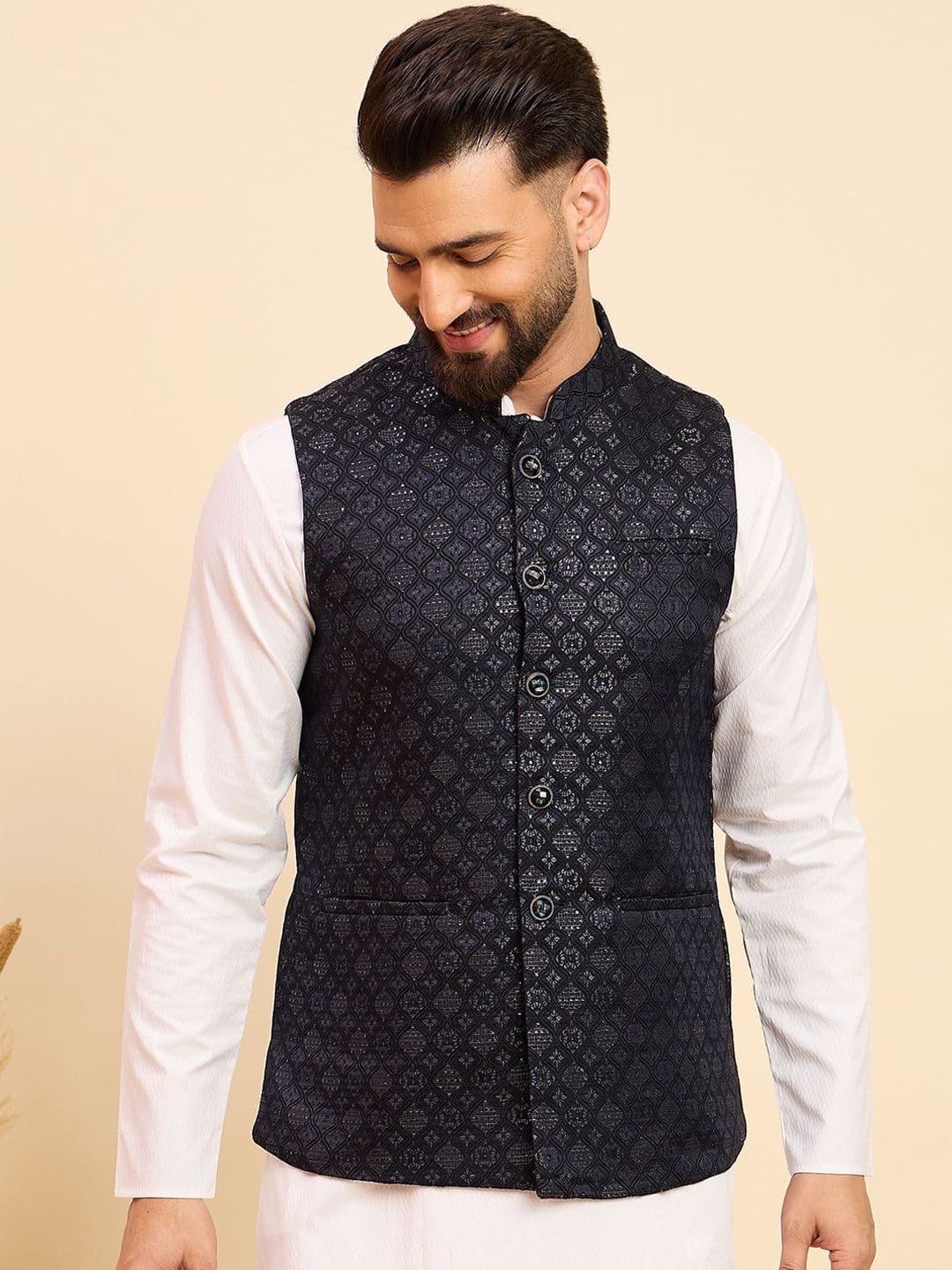 House of Pataudi Woven Design Mandarin Collar Nehru Jacket - view 1