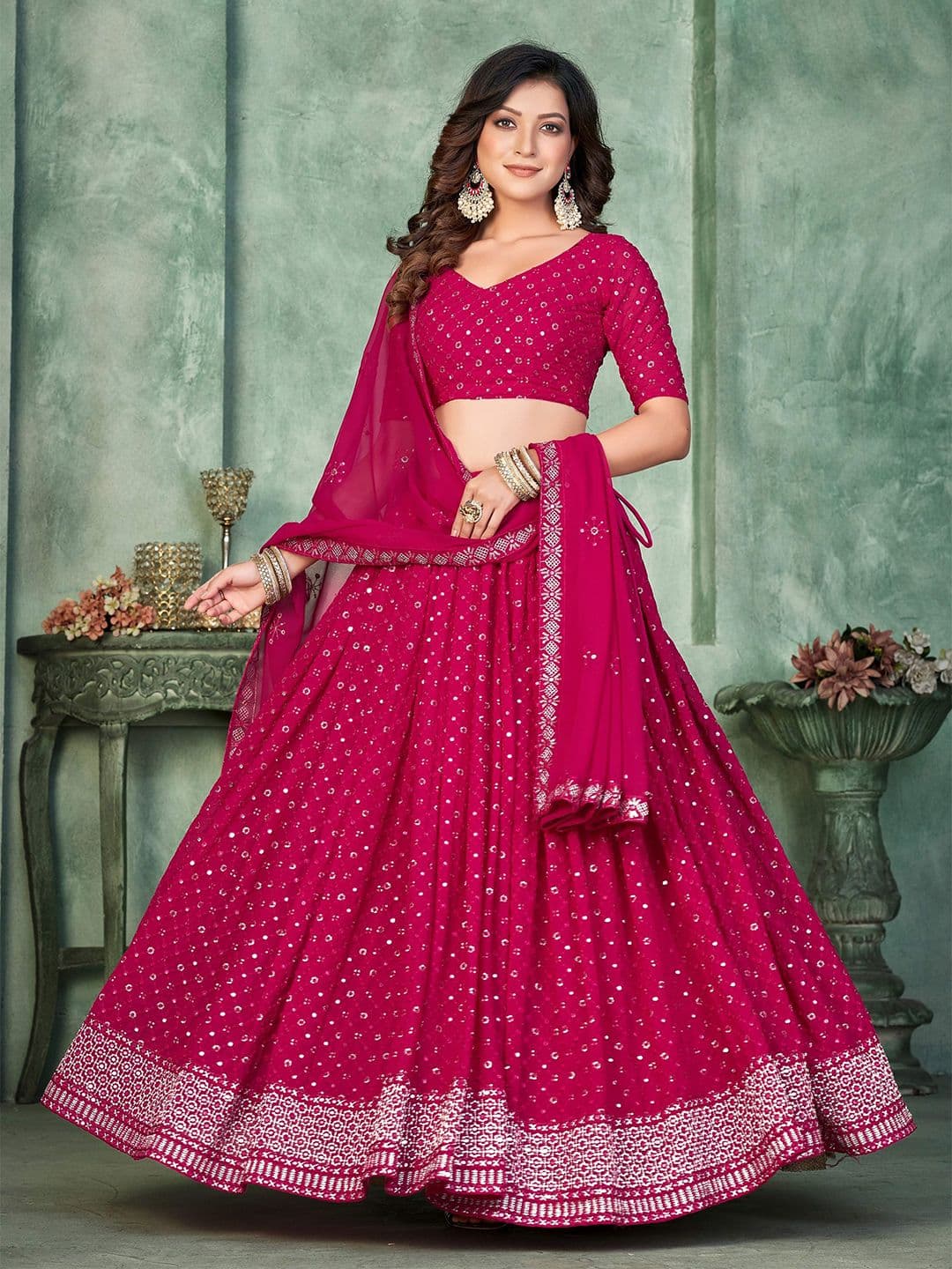 KALINI Women Embroidered Sequinned Semi-Stitched Lehenga & Unstitched Blouse With Dupatta - view 1