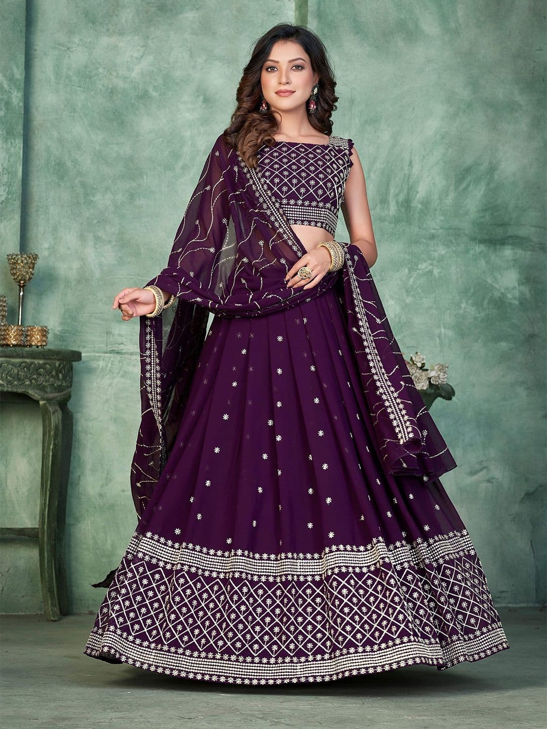 KALINI Women Embroidered Sequinned Semi-Stitched Lehenga & Unstitched Blouse With Dupatta - view 1