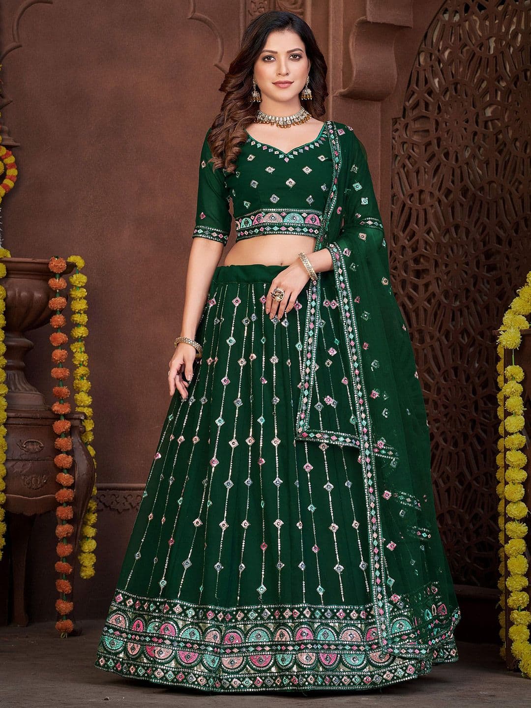 KALINI Embroidered Sequinned Semi-Stitched Lehenga & Unstitched Blouse With Dupatta - view 1