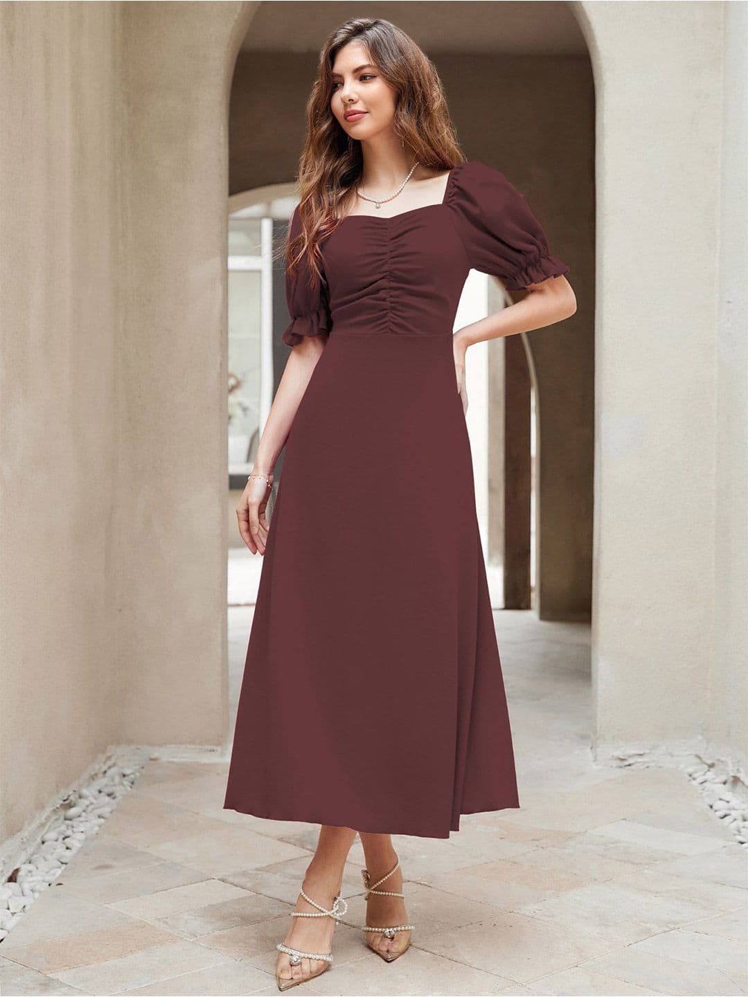 Sugathari Solid Puff Sleeve A-Line Midi Dress - view 1