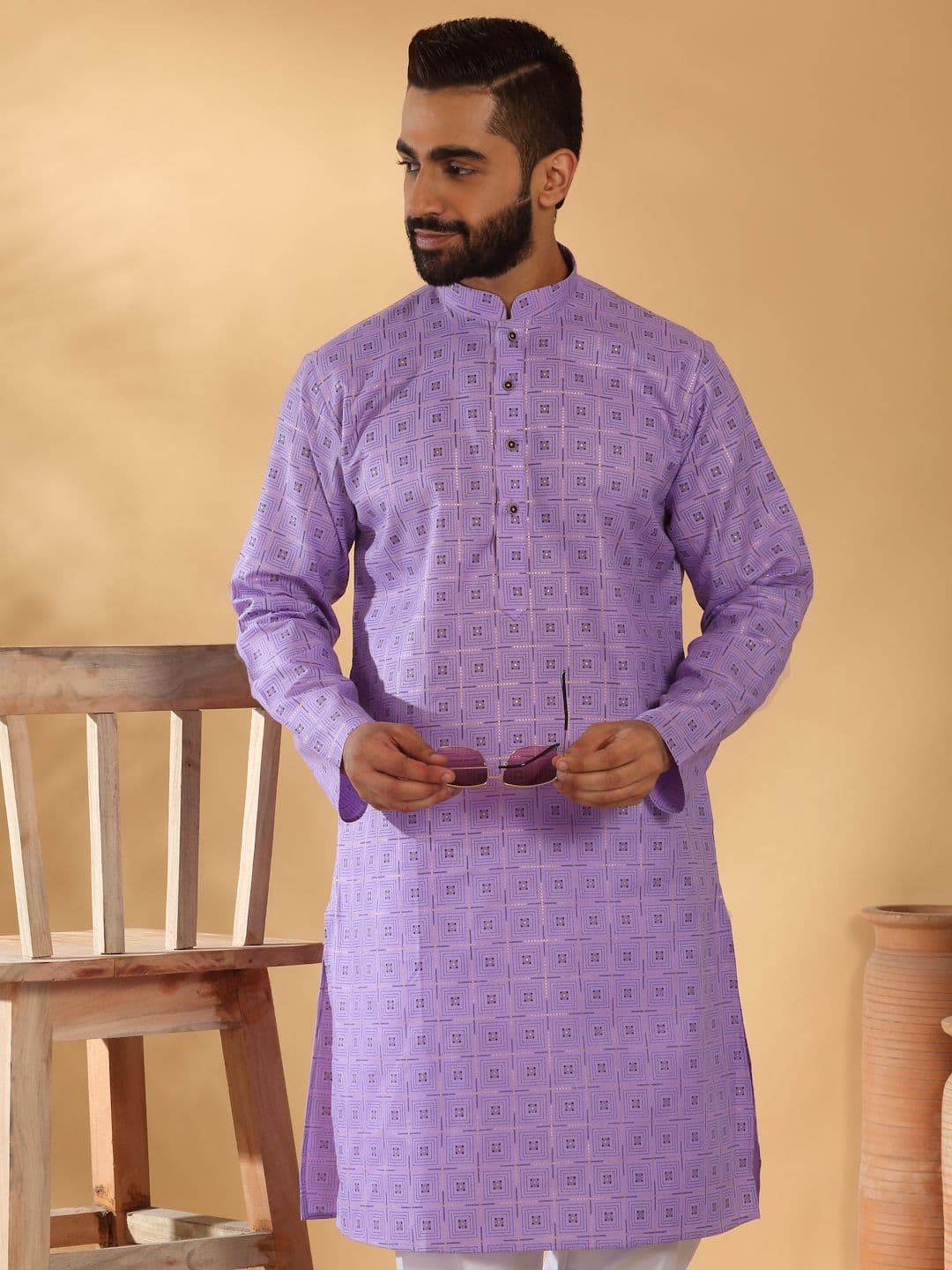 KRAFT INDIA Geometric Printed Mandarin Collar Straight Kurta - view 1