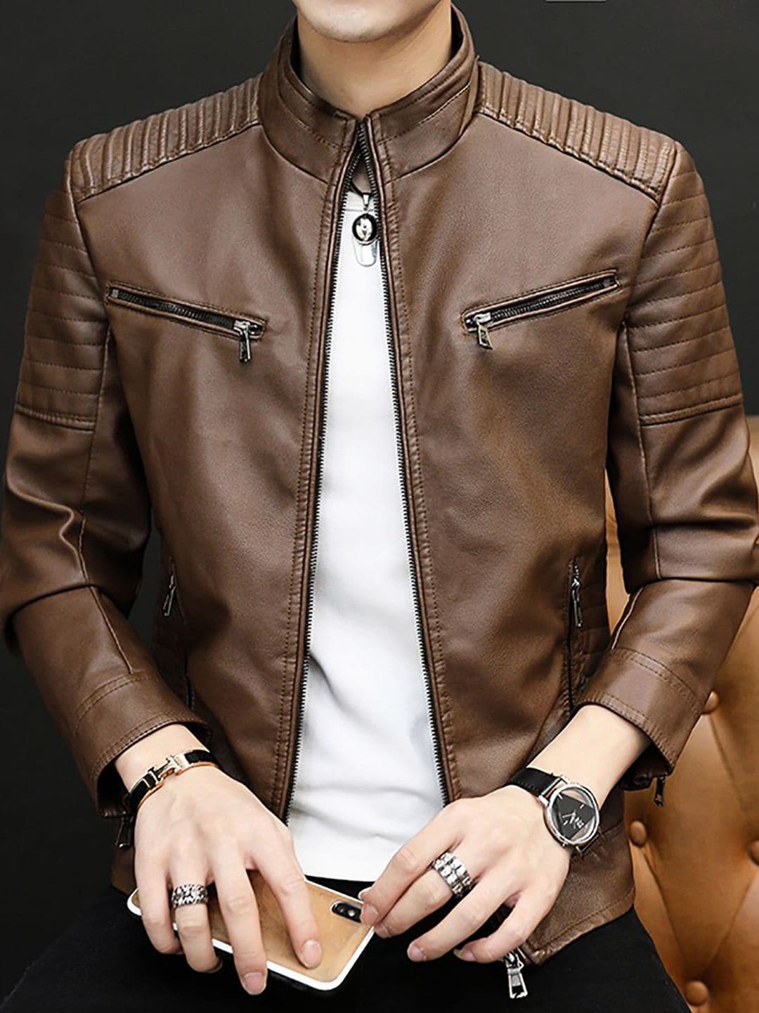 StyleCast x Revolte Men Mock Collar Solid PU Casual Leather Jacket - view 1