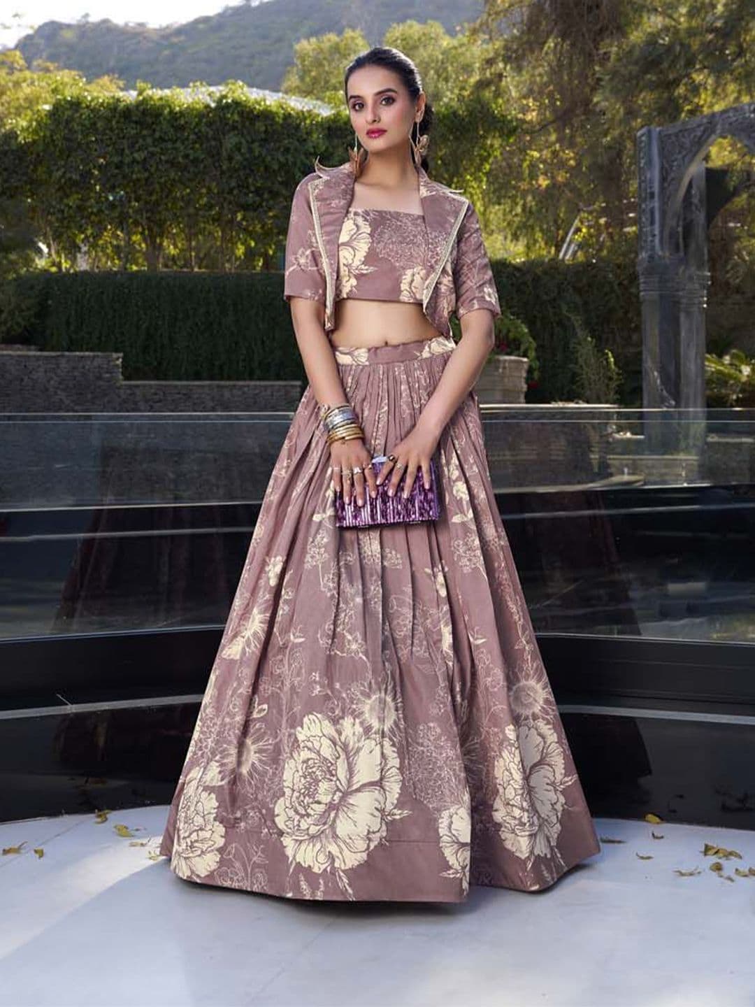 LOOKNBOOK ART Floral Printed Tussar Silk Ready to Wear Lehenga Choli with Jacket - view 1