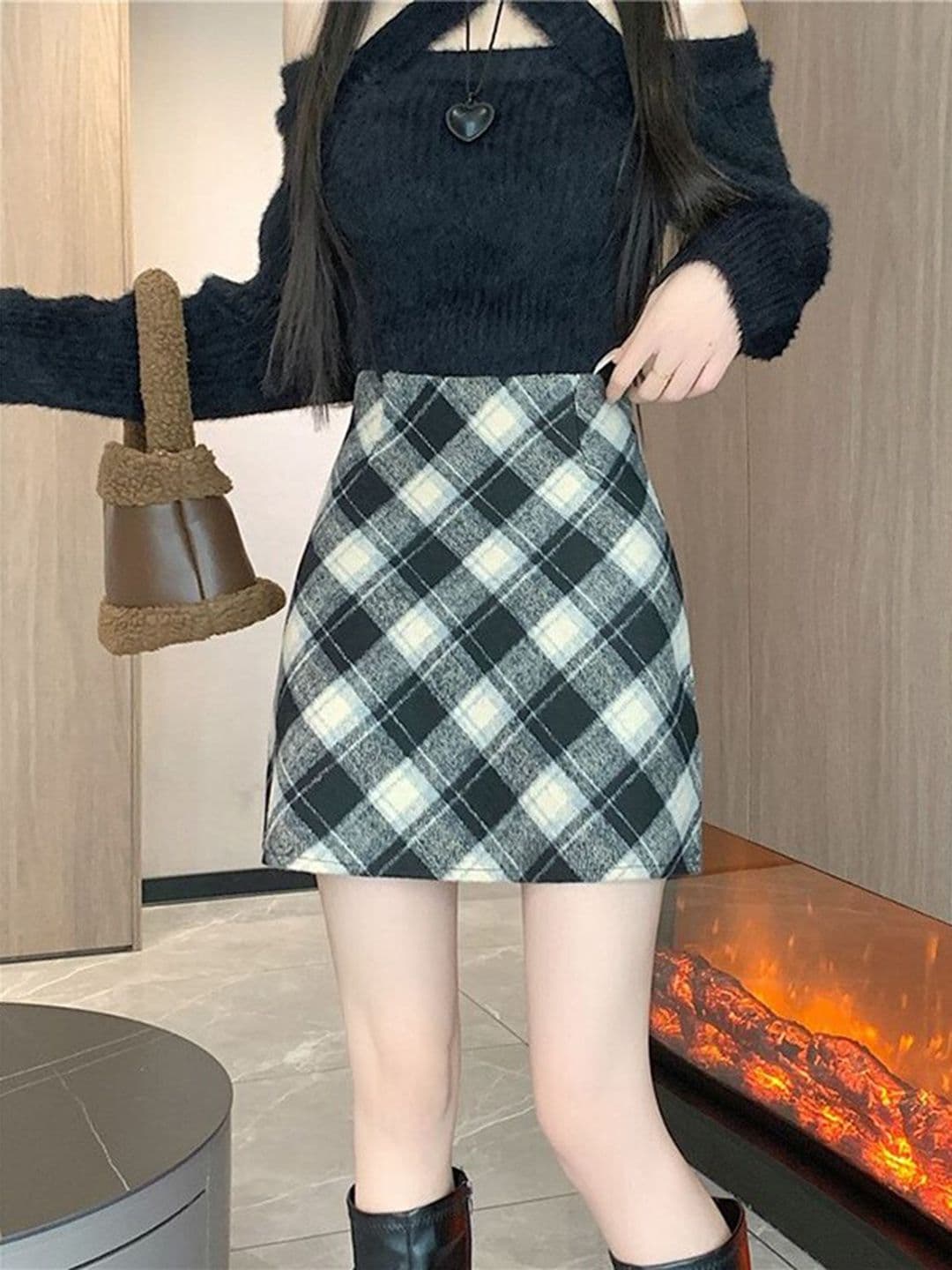 StyleCast Black & White Checked Pencil Mini Skirt - view 1
