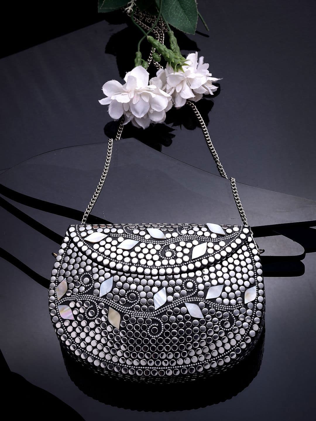 Anekaant Mosaic Silver & Pearl Mosaic Embellished Metal Clutch - view 1