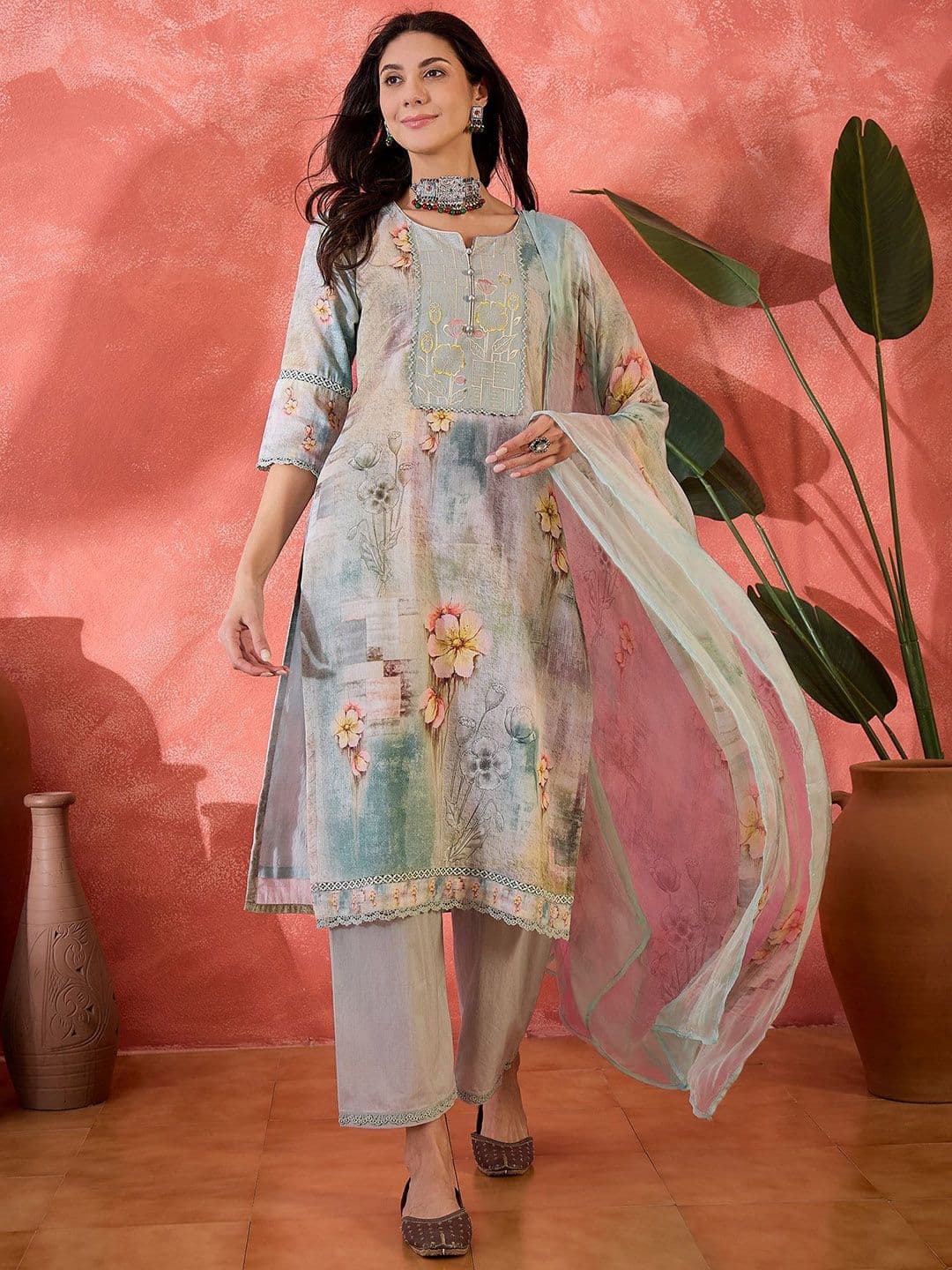 Sangria Women Floral Embroidered Cotton Kurta with Trousers & Dupatta - view 1