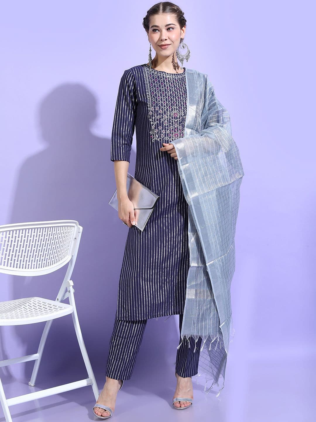 Vishudh Women Striped Regular Pure Cotton Kurta with Palazzos & With Dupatta - view 1